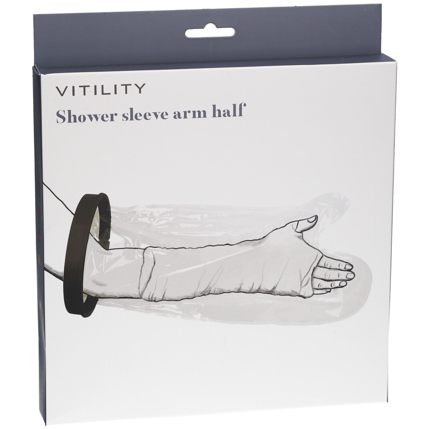 Verpakking met productafbeelding. Opschrift: VITILITY, Shower sleeve arm half. Zwarte ring en transparante hoes.