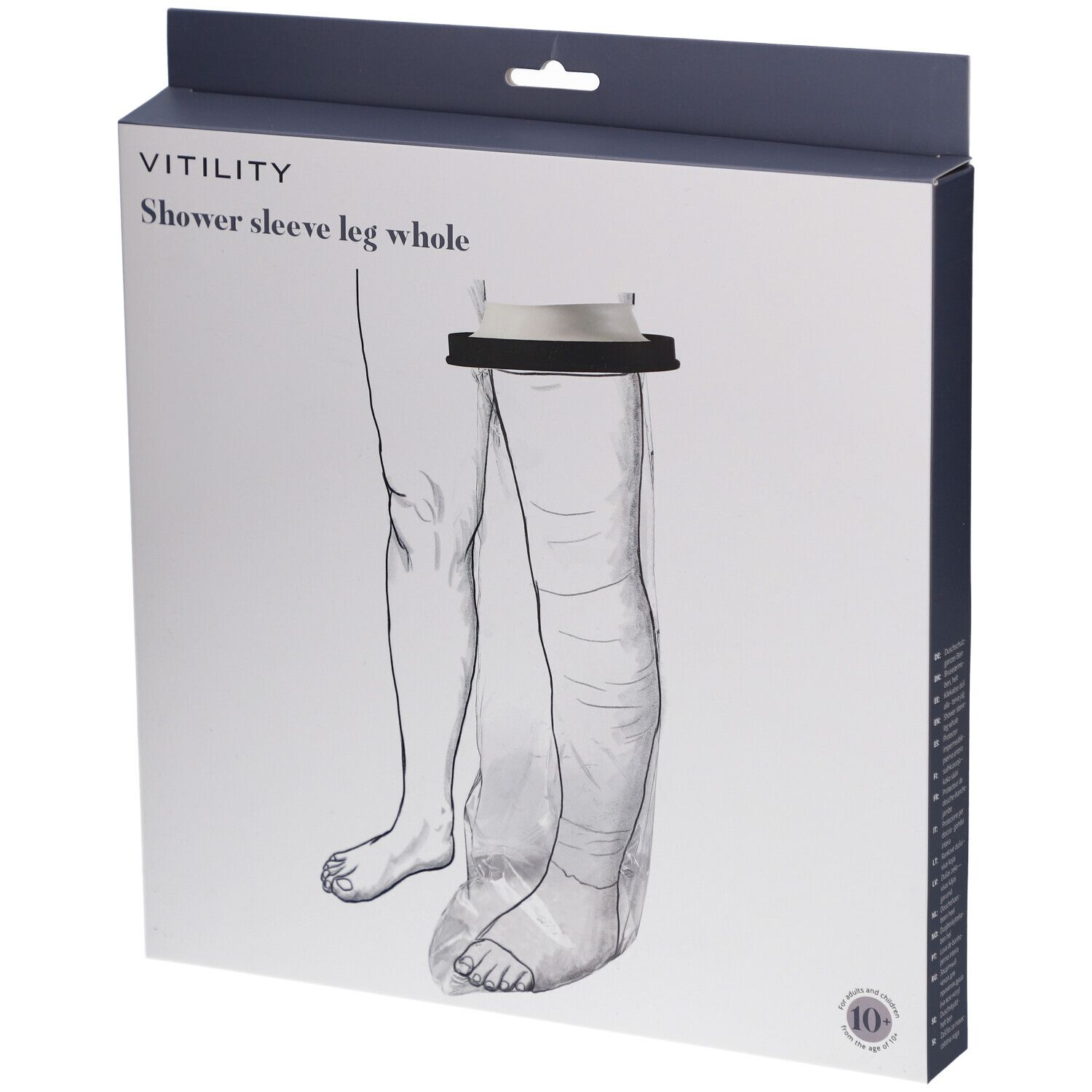 Emballage pour VITILITY Duschschutz Ganzes Bein. Illustration d'une jambe avec le produit. Nom du produit et marque visibles.