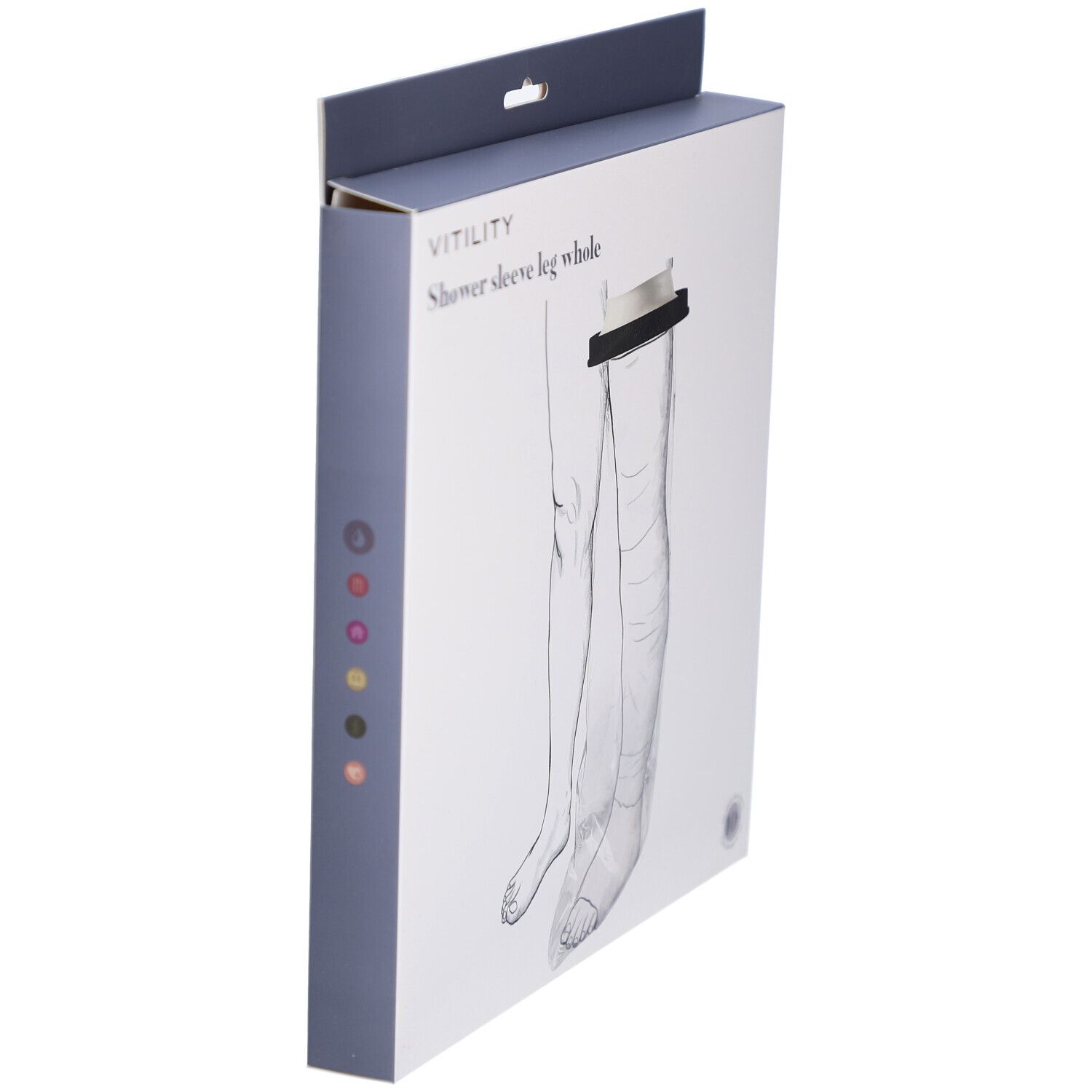 Vue latérale de l'emballage pour VITILITY Duschschutz Ganzes Bein. Nom du produit et marque visibles. Illustration d'une jambe.