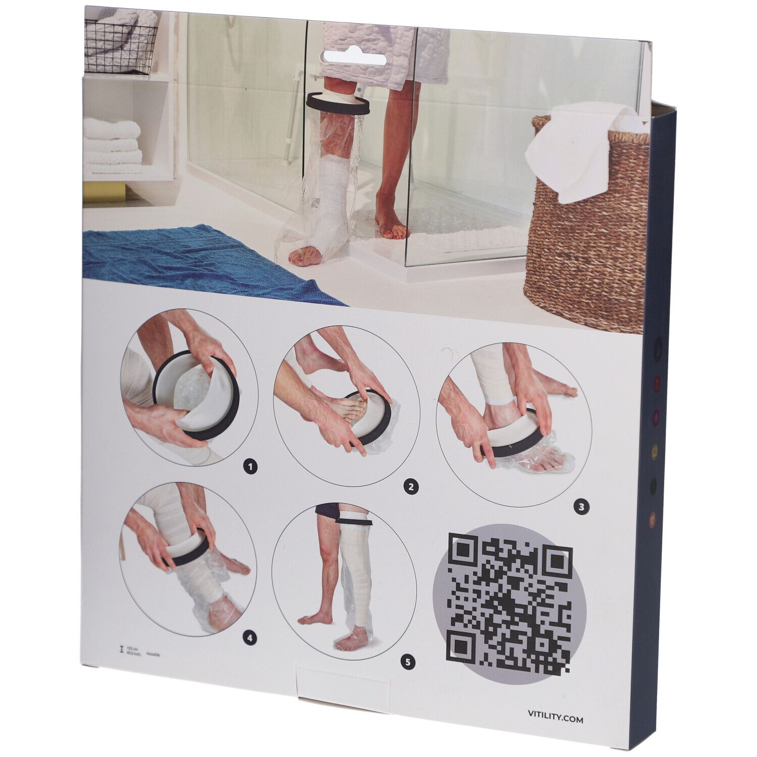 Emballage pour VITILITY Duschschutz Ganzes Bein avec exemples d'utilisation. Code QR et nom du produit visibles. Produit en cours d'utilisation.