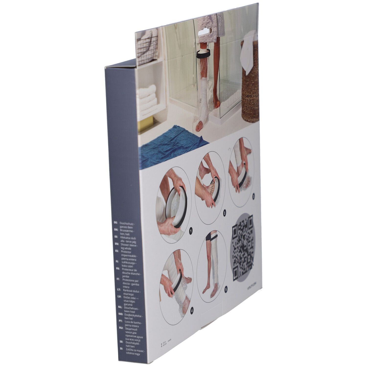 Vue latérale de l'emballage pour VITILITY Duschschutz Ganzes Bein avec exemples d'utilisation. Code QR et nom du produit visibles.