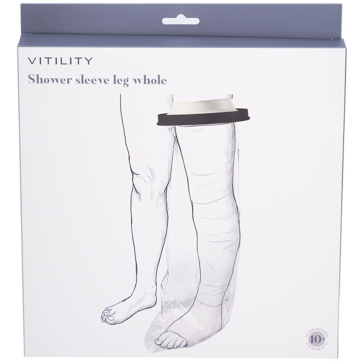 Emballage pour VITILITY Duschschutz Ganzes Bein. Illustration d'une jambe avec le produit. Nom du produit et marque visibles.