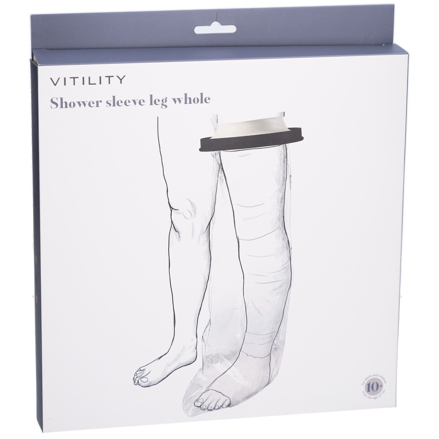Emballage pour VITILITY Duschschutz Ganzes Bein. Illustration d'une jambe avec le produit. Nom du produit et marque visibles.