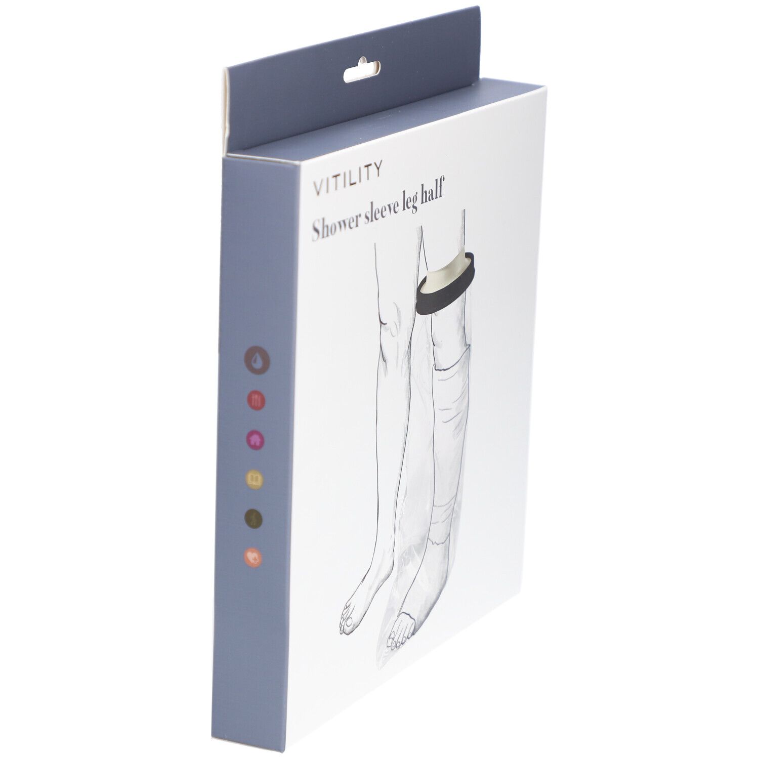 Zijaanzicht van de verpakking. Opschrift: Vitility, Shower sleeve leg half. Gekleurde stippen op de zijkant.