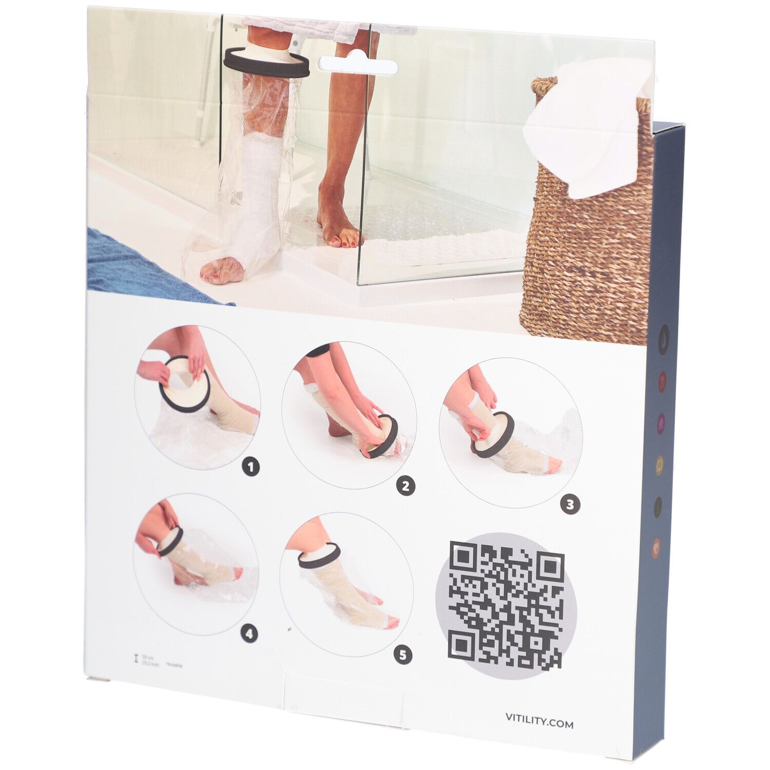 Achterkant van de verpakking. Illustraties van gebruik. QR-code en tekst: VITILITY.COM. Product in de badkamer.