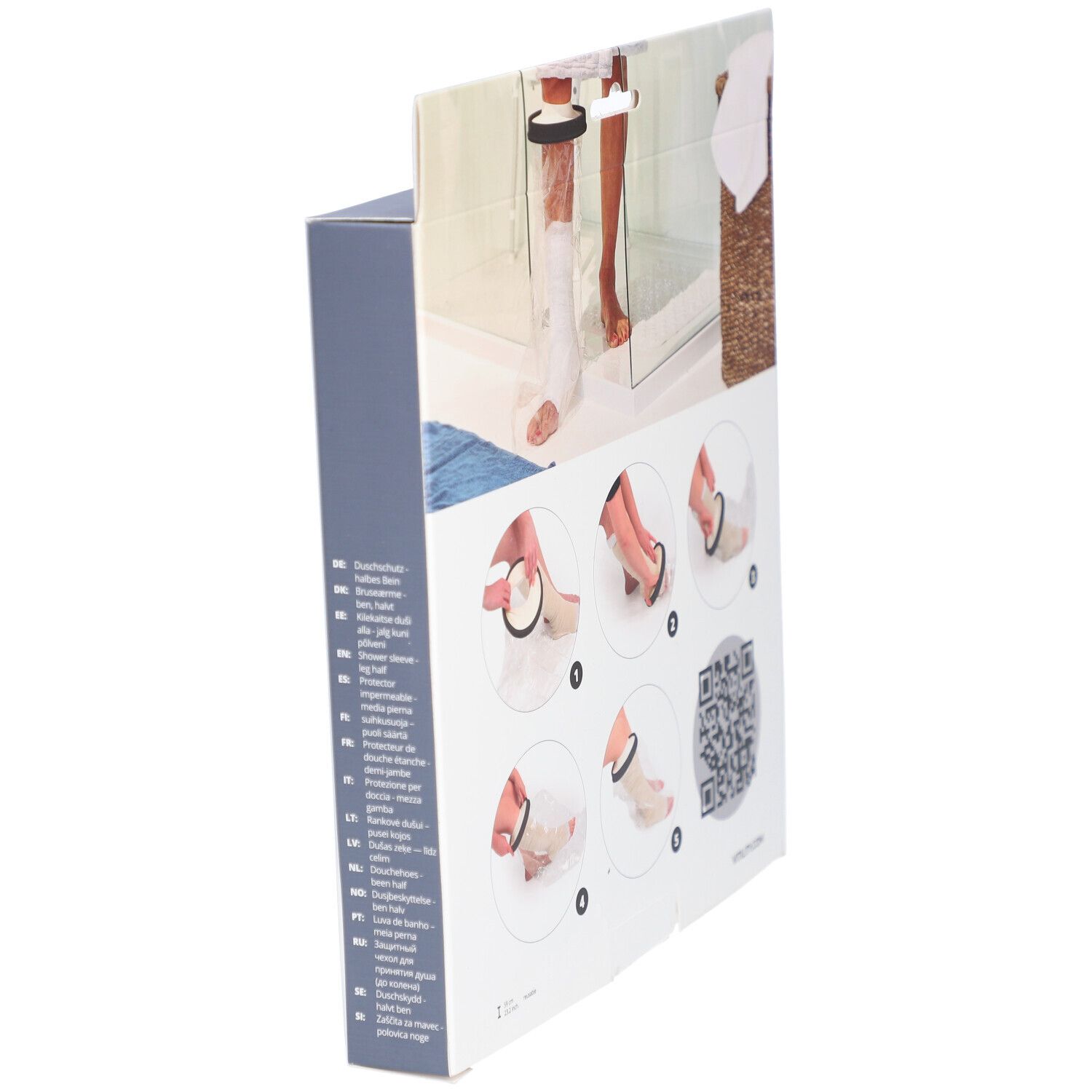 Zijaanzicht van de verpakking. Illustraties van gebruik. Tekst in verschillende talen. Product in de badkamer.