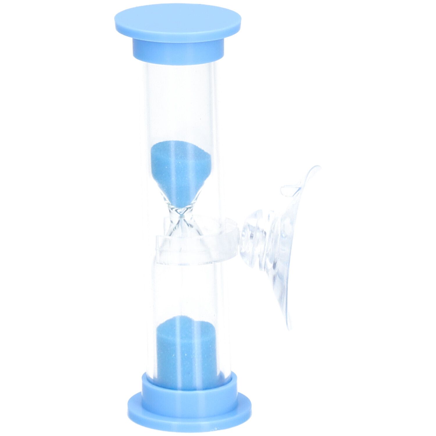 Sablier bleu clair avec sable bleu. Boîtier en plastique avec ventouse. Pour l'hygiène bucco-dentaire.