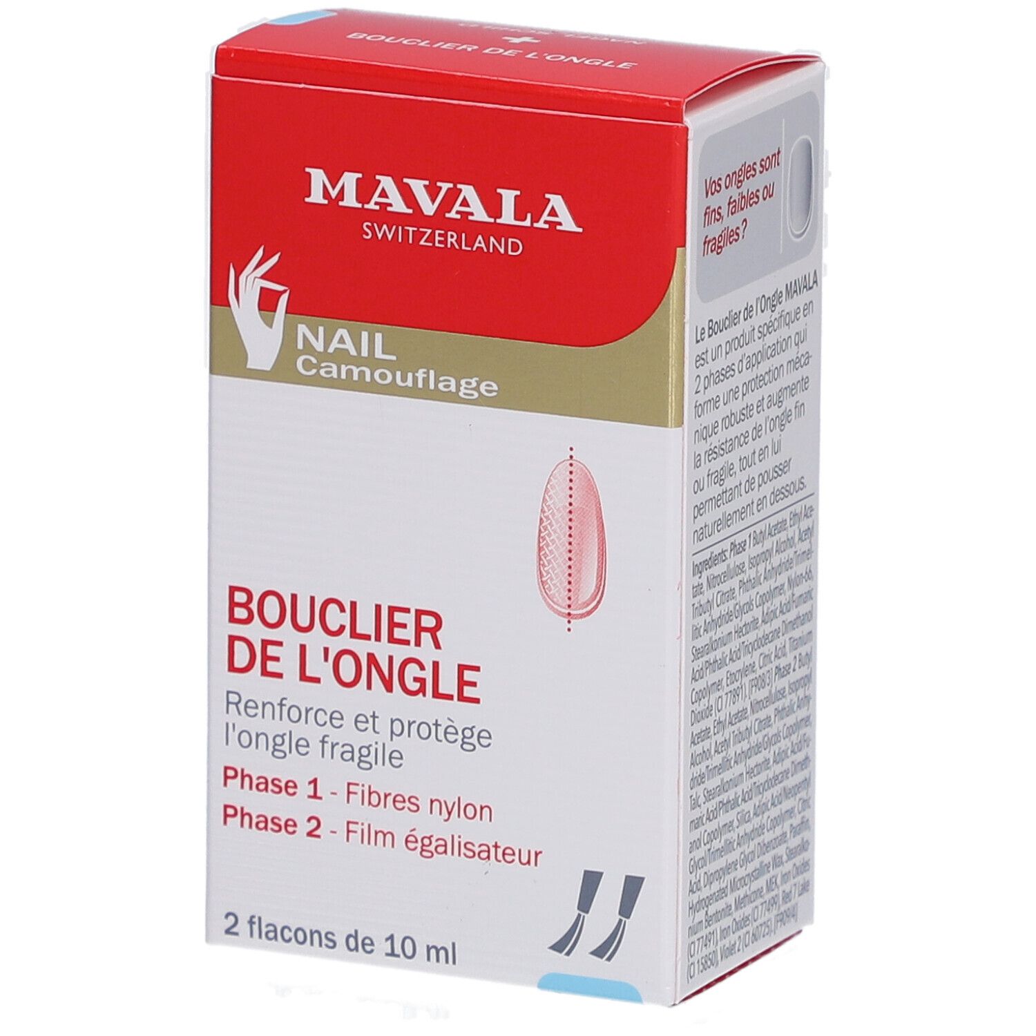 Verpakking met productnaam en logo. Bevat twee flacons. Tekst: BOUCLIER DE L'ONGLE, Phase 1 - Fibres nylon, Phase 2 - Film égalisateur.