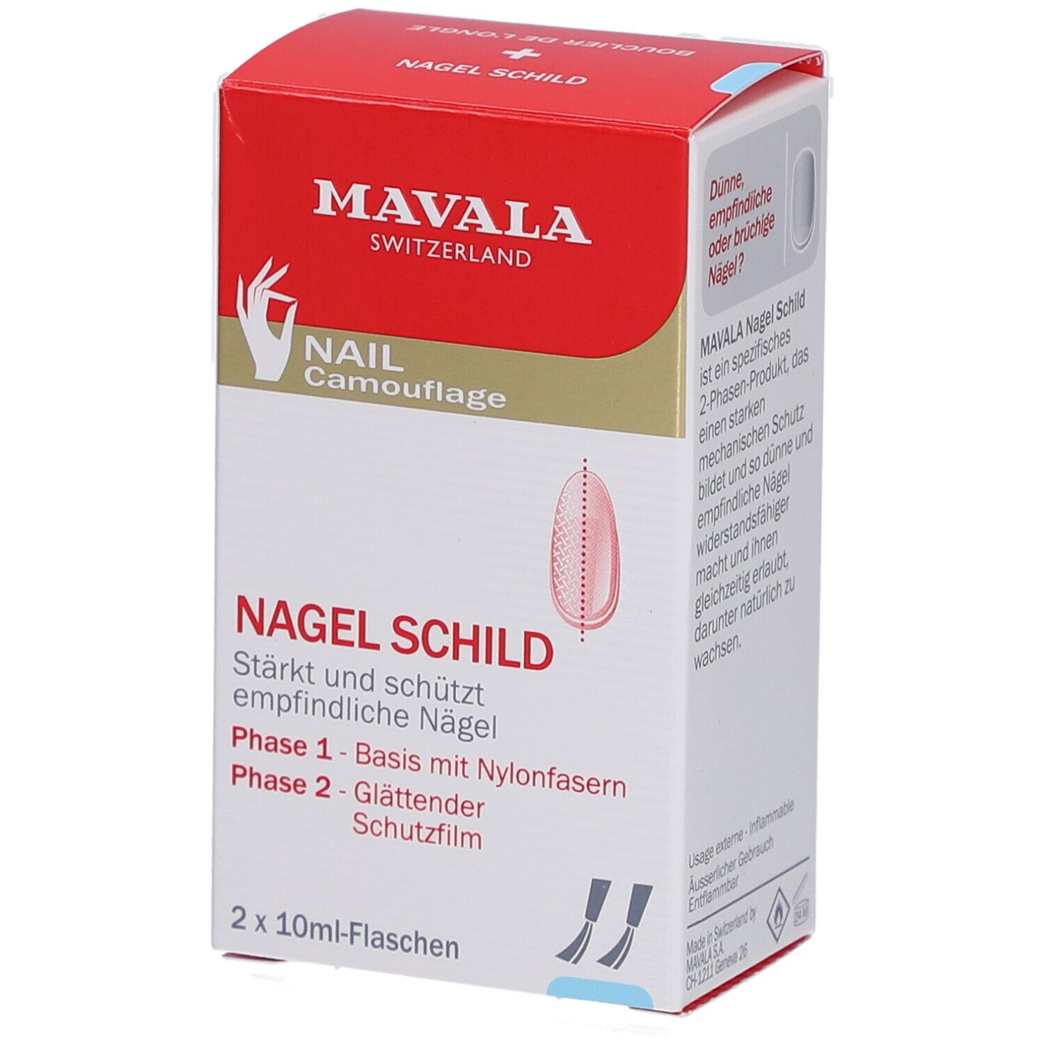 Verpakking met productnaam en logo. Bevat twee flacons. Tekst: NAGEL SCHILD, Phase 1 - Basis met Nylonfasern, Phase 2 - Glättender Schutzfilm.