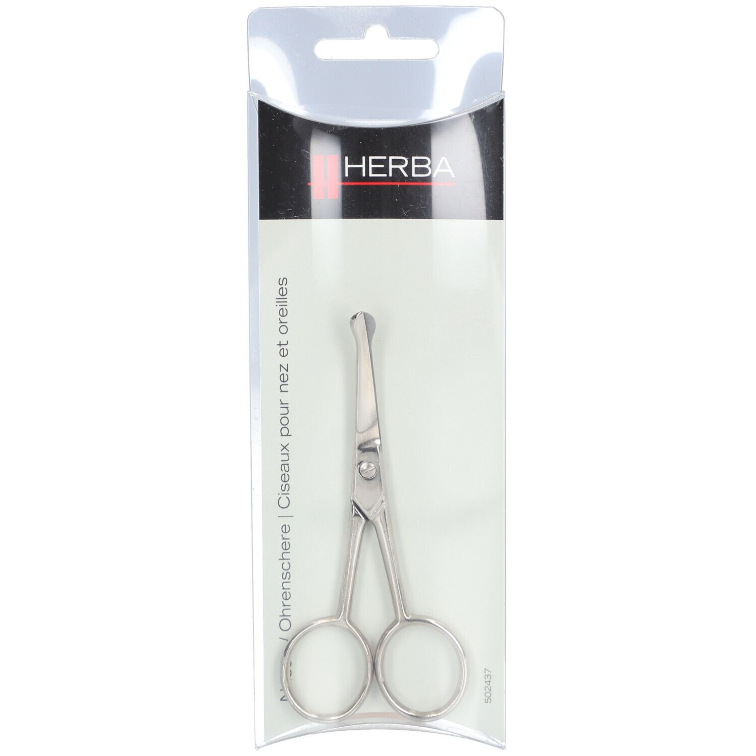 Vernikkelde neus- en orenschaar in blisterverpakking. HERBA-logo. Zichtbare schaar met afgeronde punt.