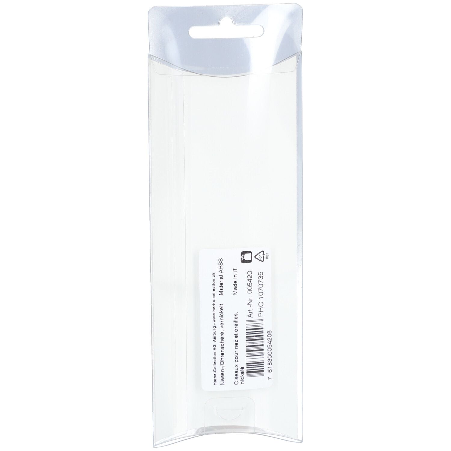 Achterkant van de blisterverpakking. Tekst: Ciseaux pour nez et oreilles. Materiaal: ABS. Artikelnummer en barcode.