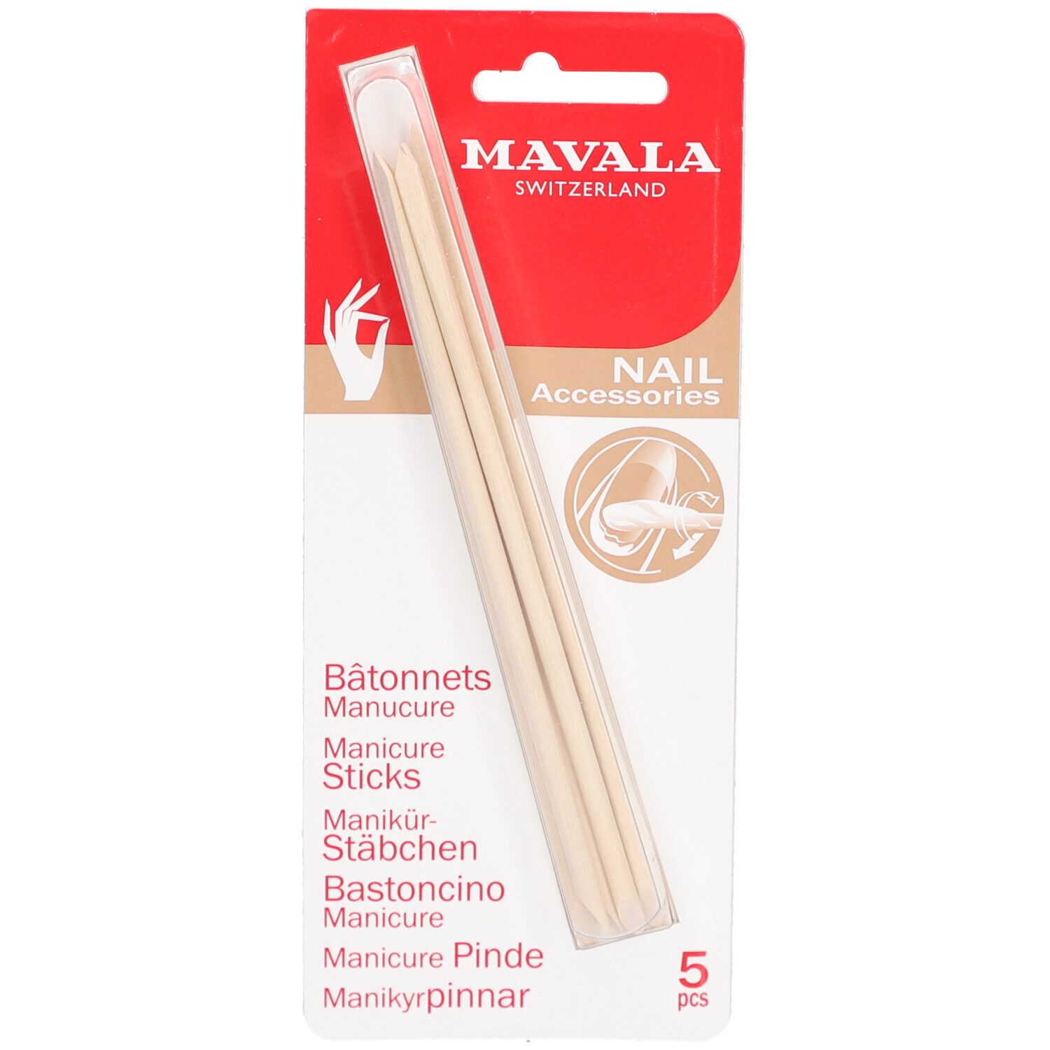 Bâtonnets Mavala pour manucure, emballés. Cinq bâtonnets en bois dans un étui transparent, sur carte rouge.