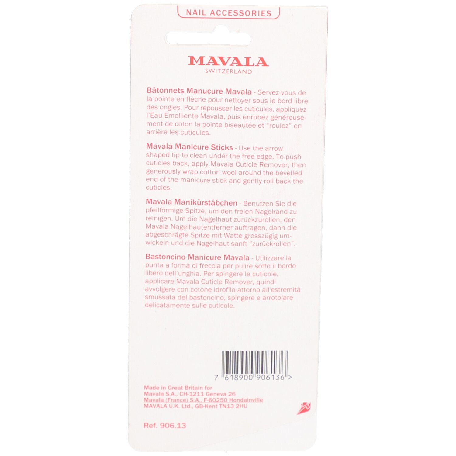 Dos de l'emballage des bâtonnets Mavala. Texte multilingue, utilisation du produit et marque.