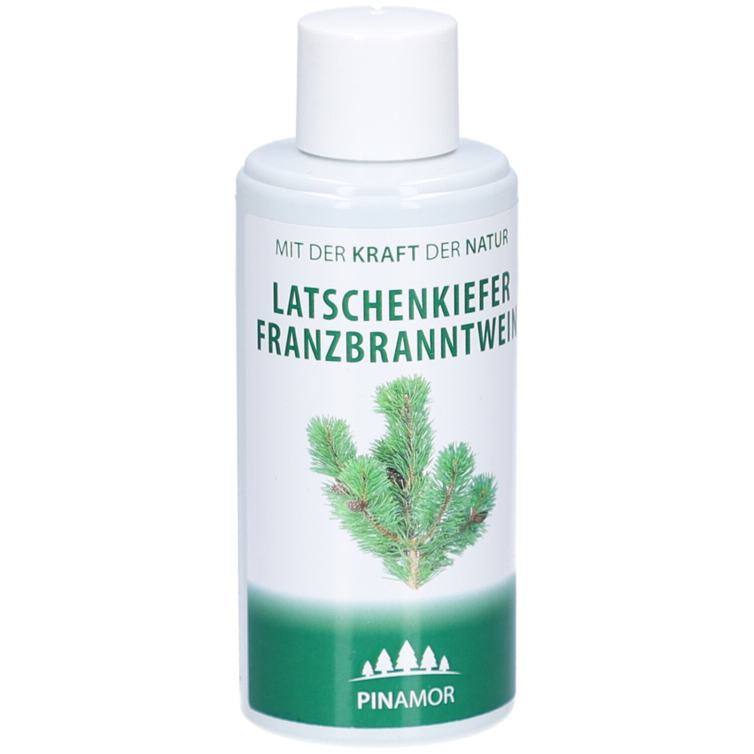 Transparante fles met witte dop. Etiket met tekst en dennentak. Merk: Unterweger.