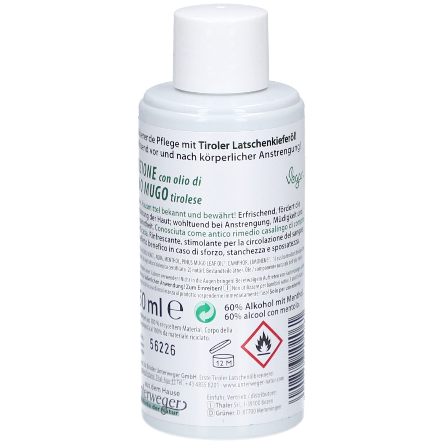 Achterkant van de fles. Etiket met tekst, ingrediënten en waarschuwing. 150 ml.
