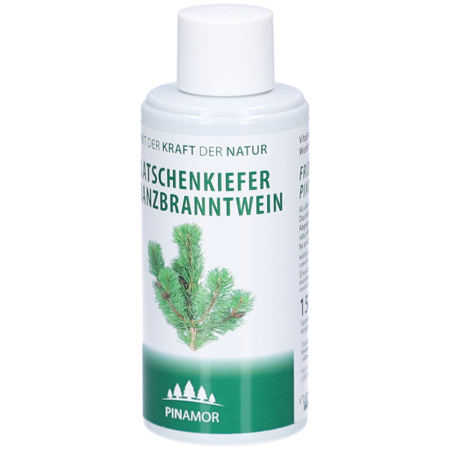 Transparante fles met witte dop. Etiket met tekst en dennentak. Merk: Unterweger.