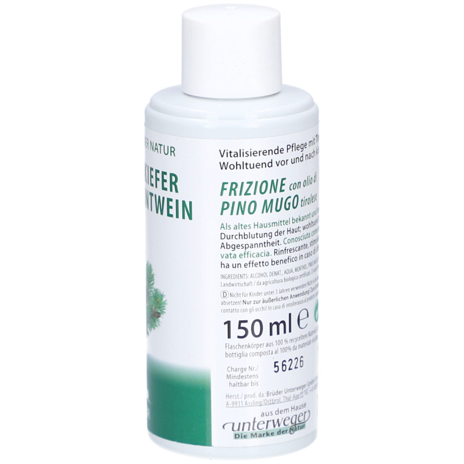 Achterkant van de fles. Etiket met tekst, ingrediënten en waarschuwing. 150 ml.