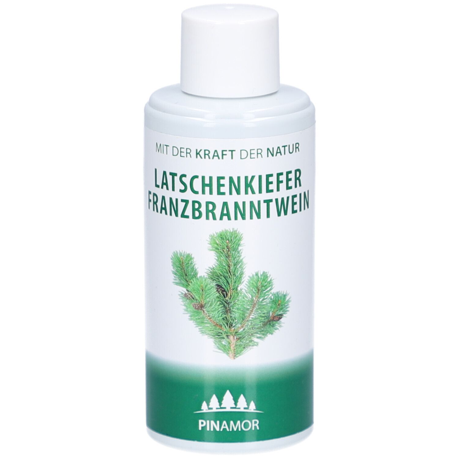 Transparante fles met witte dop. Etiket met tekst en dennentak. Merk: Unterweger.