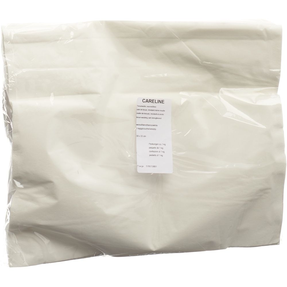 Cellulosewatten in transparante verpakking. CARELINE-label met productinformatie.