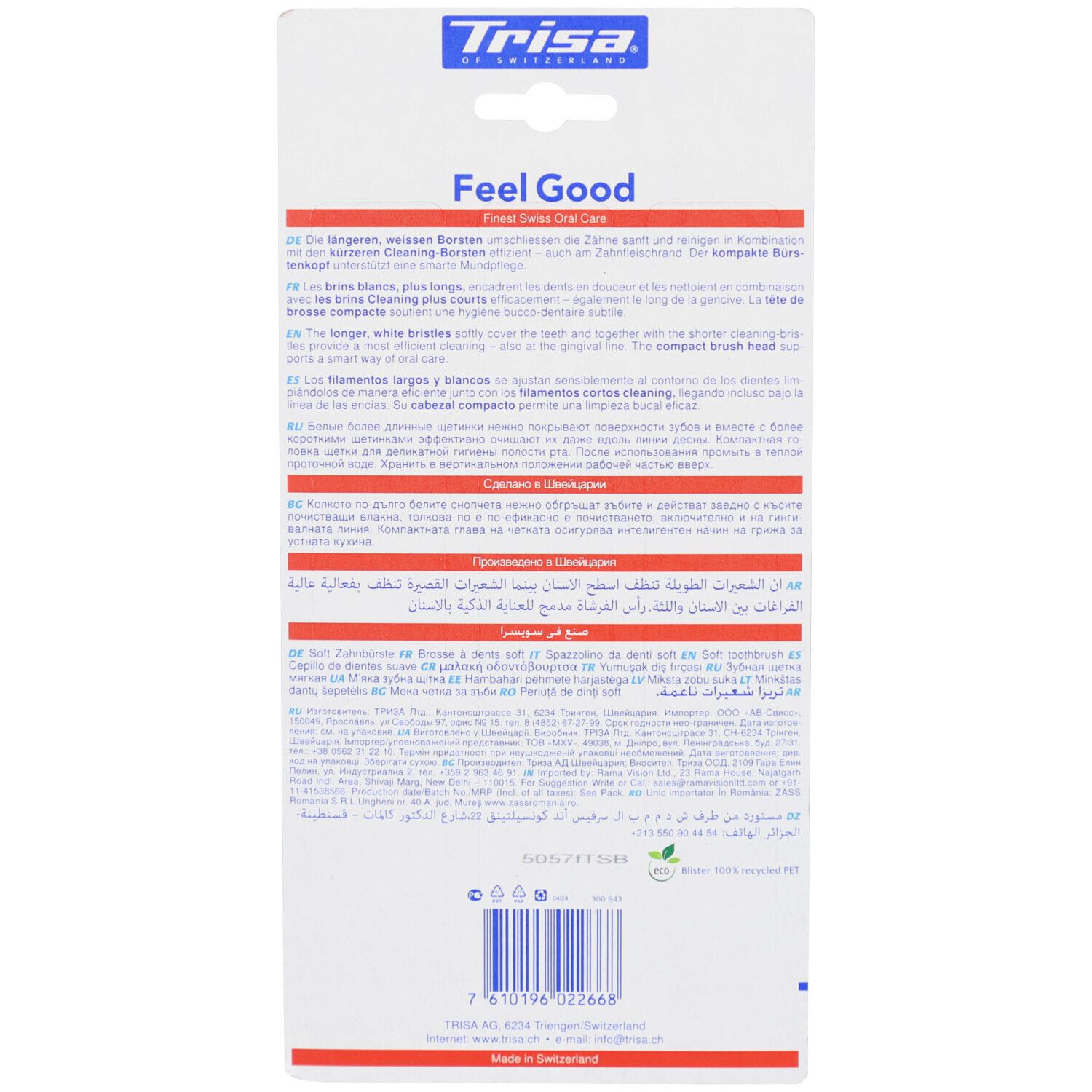 Achterkant van de tandenborstelverpakking. Meertalige tekst. Merk Trisa, tekst "Feel Good". Informatie over mondverzorging.