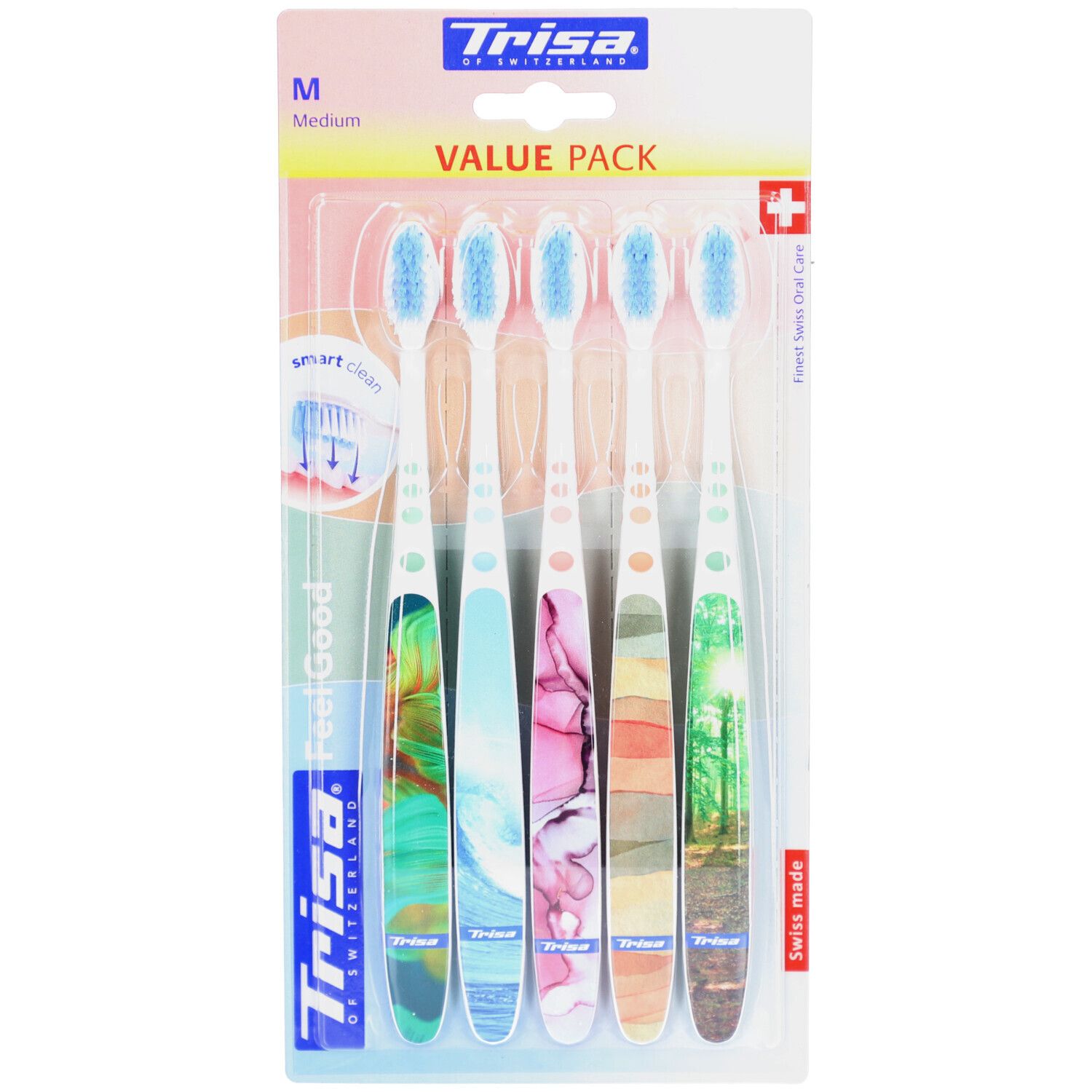 Paquet de 5 brosses à dents. Manches blancs avec motifs colorés, soies bleues. "M" et "Value Pack" sur l'emballage.