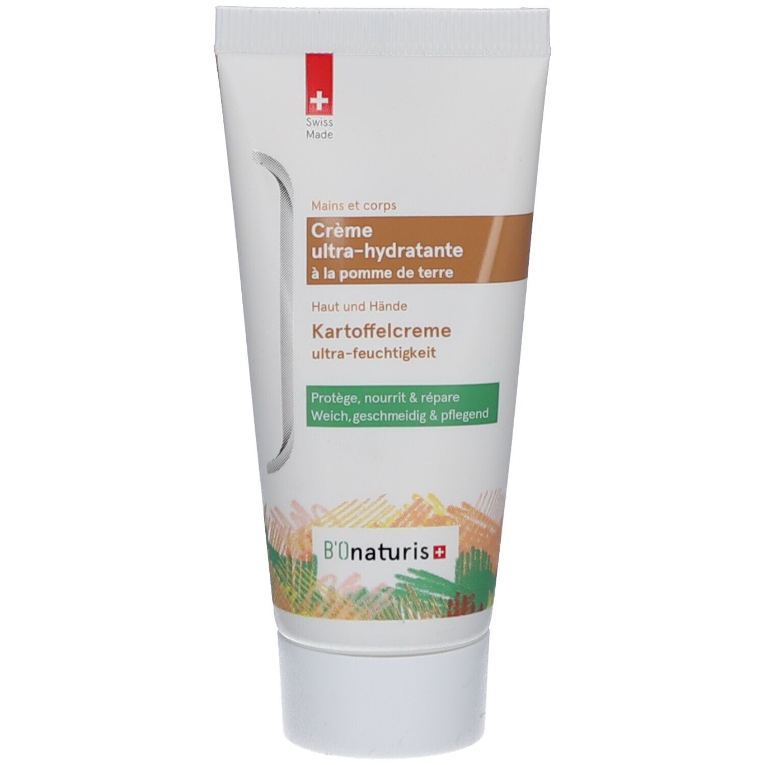 Crèmetube met opschrift. Zwitsers kruis. "Crème ultra-hydratante à la pomme de terre". "Kartoffelcreme ultra-feuchtigkeit".