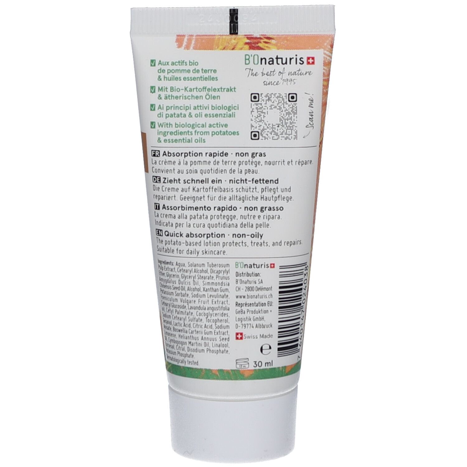 Achterkant van de crèmetube. Tekst in het Duits, Frans, Italiaans en Engels. QR-code. Logo "B'onaturis". Inhoud 50 ml.