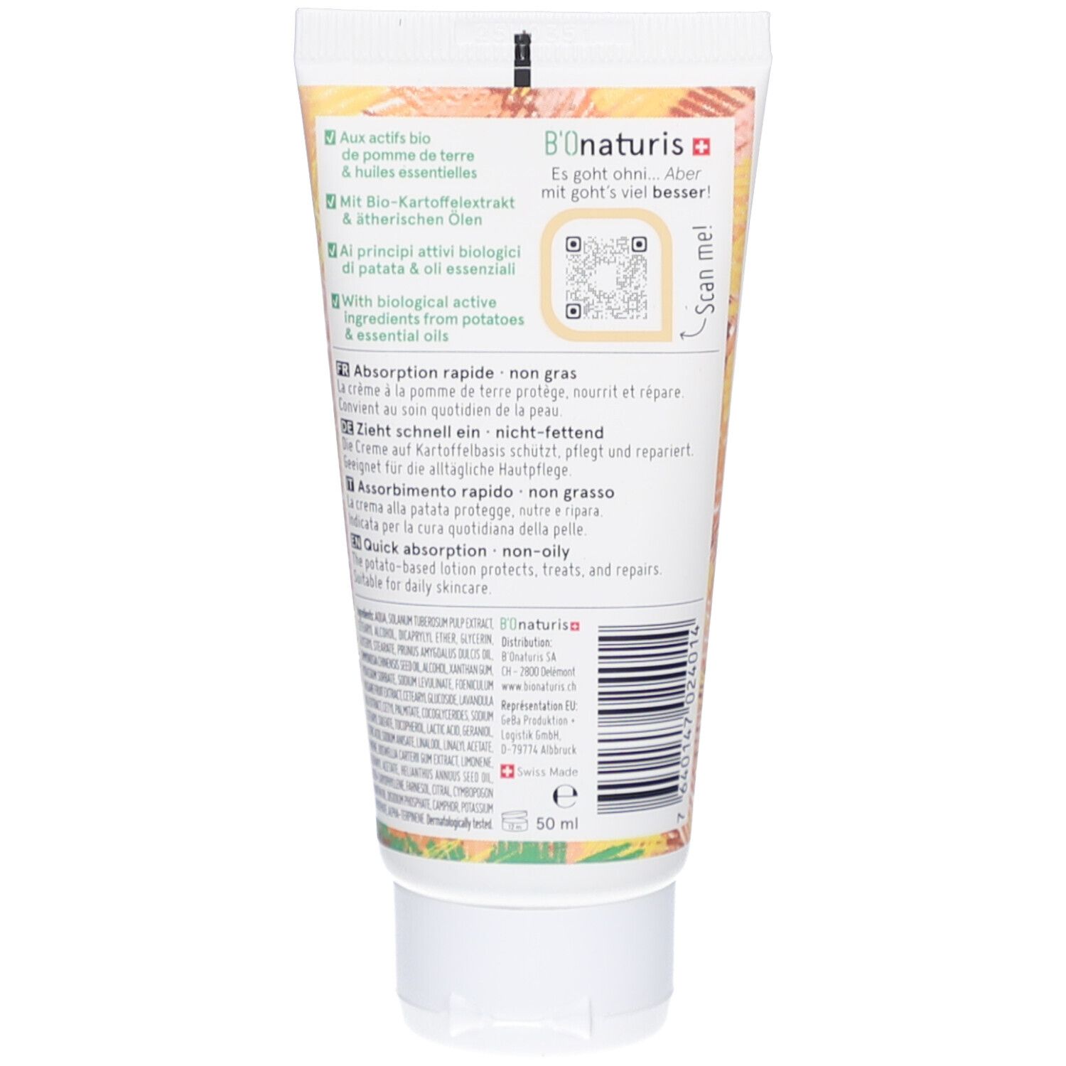 Achterkant van de crèmetube. Tekst in meerdere talen. QR-code. Zwitsers kruis. Inhoud: 50 ml.