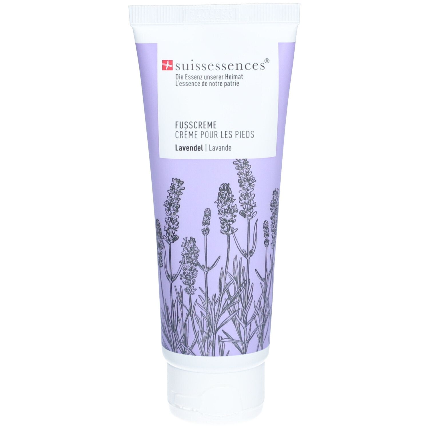 Tube voetcrème met lavendel illustratie. Logo en tekst bovenaan. Tekst: Voetcrème, Lavendel. Witte dop.
