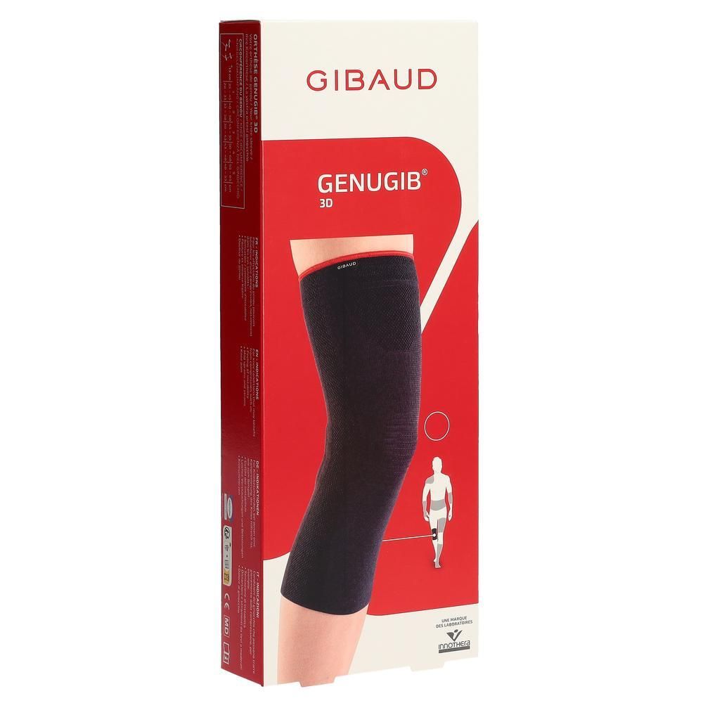 Genouillère dans son emballage. Marque GIBAUD, modèle GENUGIB 3D. Bandage noir avec bord rouge. Taille 4.