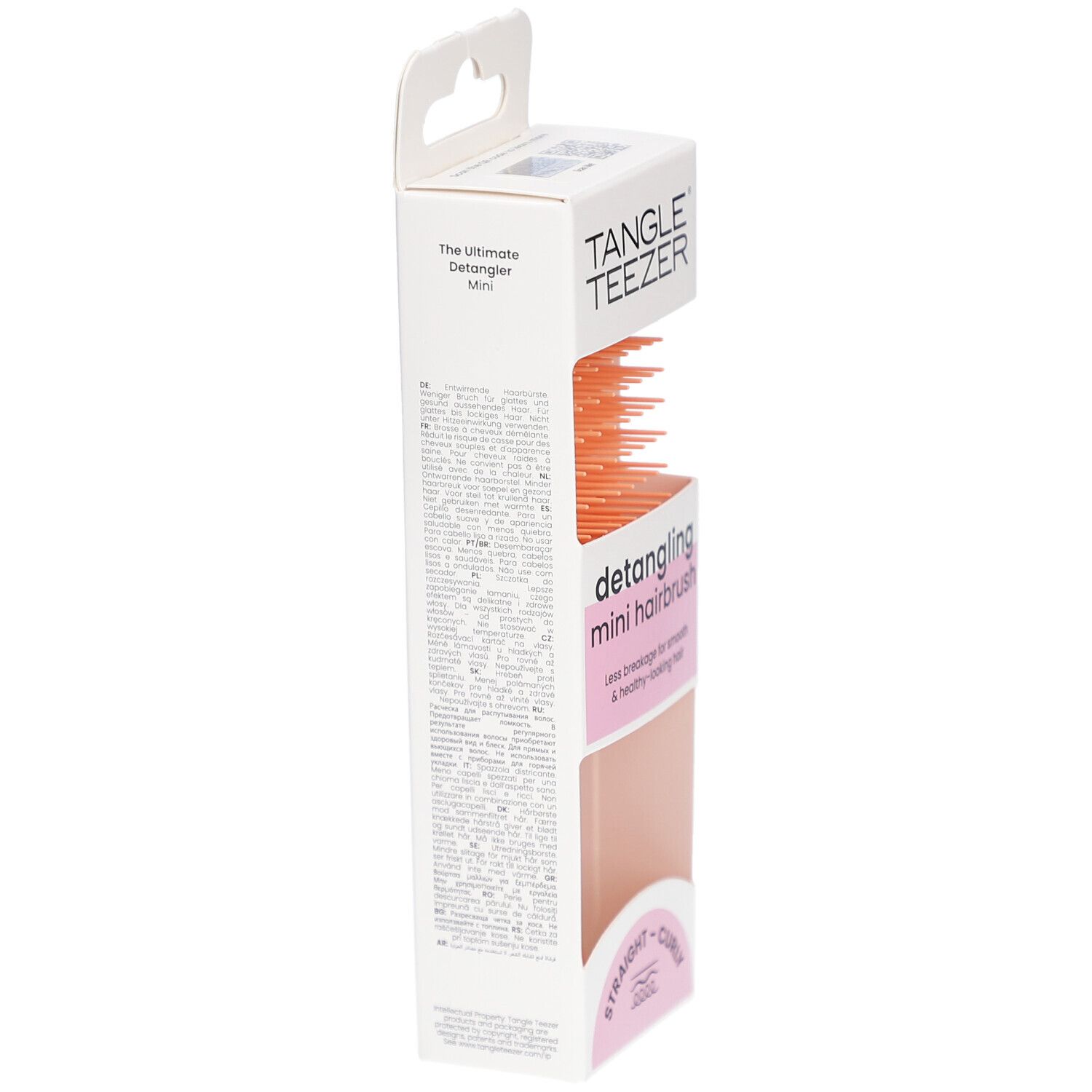 TANGLE TEEZER Wet Detangler Mini borstel in verpakking. Zijaanzicht. Tekst op verpakking. Voor steil en krullend haar.