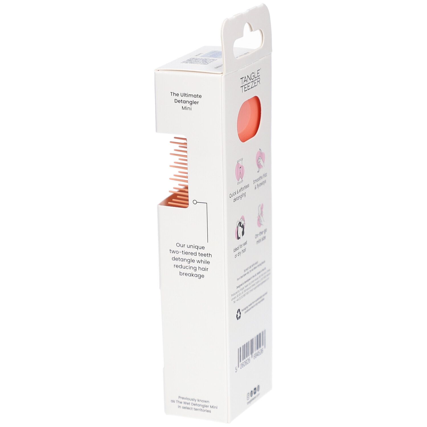 TANGLE TEEZER Wet Detangler Mini borstel in verpakking. Zijaanzicht. Productinformatie en logo's.