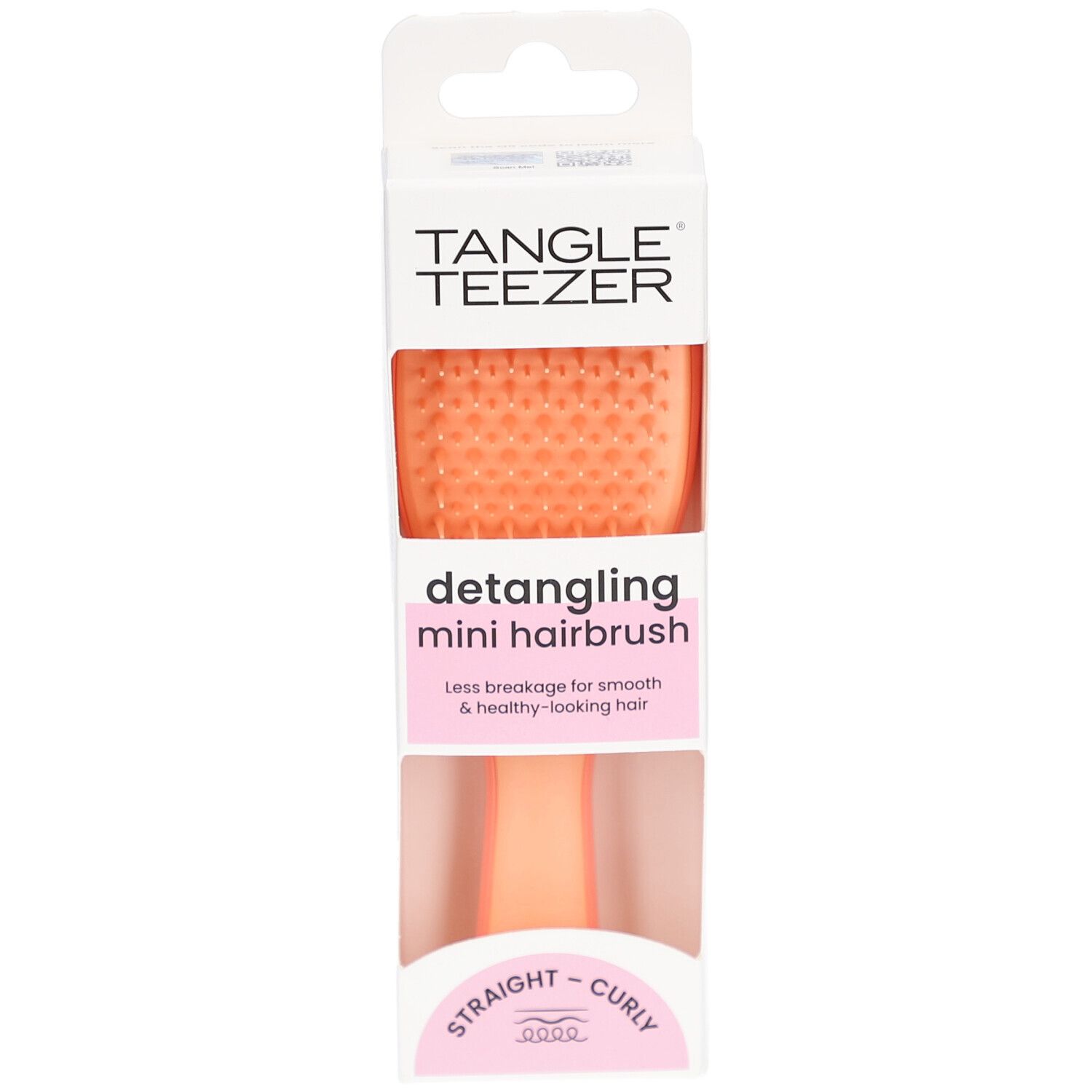 TANGLE TEEZER Wet Detangler Mini borstel in verpakking. Vooraanzicht. Oranje borstelharen, roze handvat. Voor steil en krullend haar.