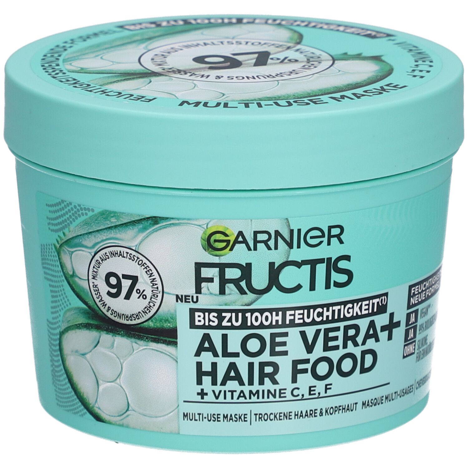 Pot turquoise rond. Inscription: Garnier Fructis Aloe Vera Hair Food. Couvercle avec motif aloe vera. 97% ingrédients d'origine naturelle.
