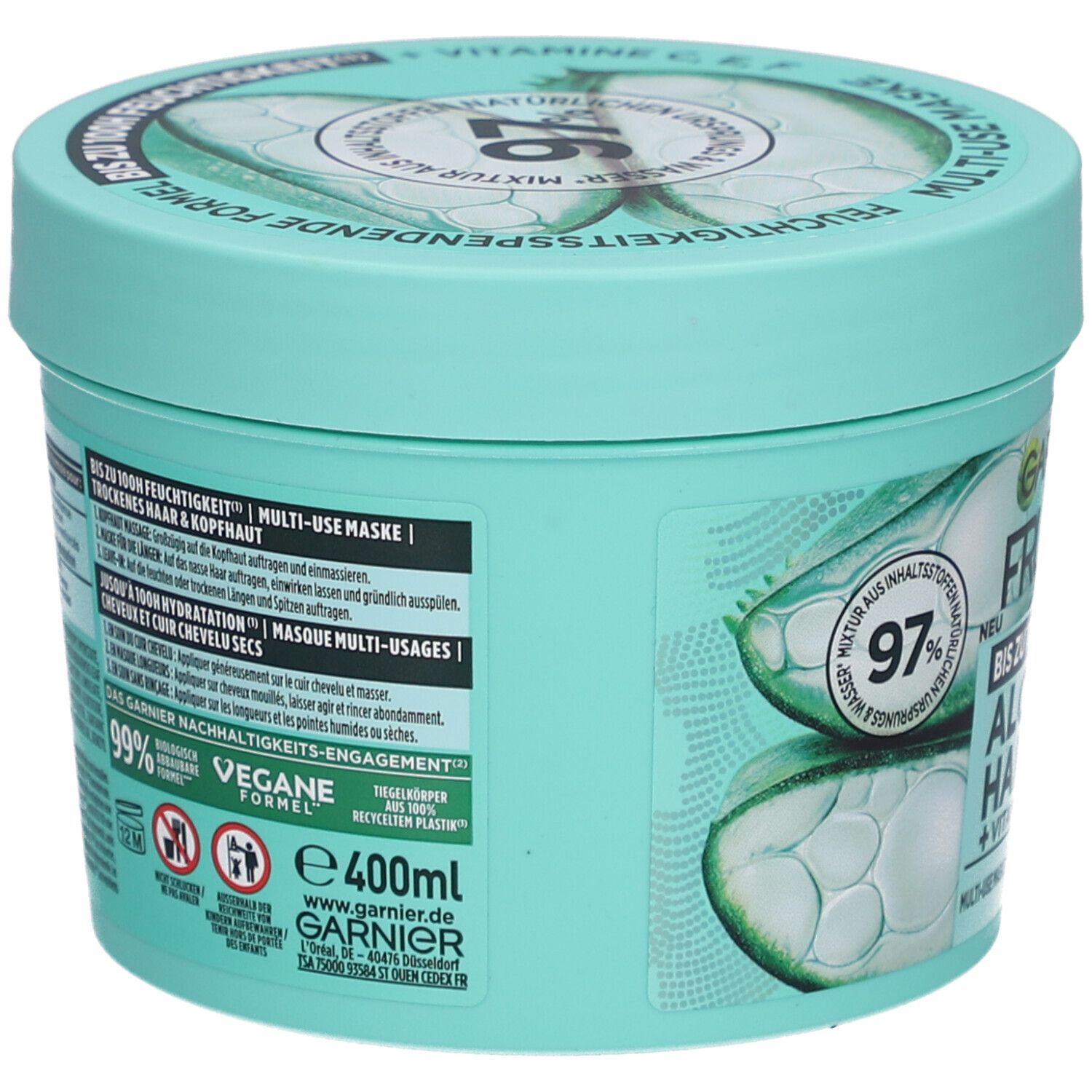 Pot turquoise, vue latérale. Inscription: Garnier Fructis Aloe Vera Hair Food. 99% plastique recyclé. Formule vegan. 400ml.