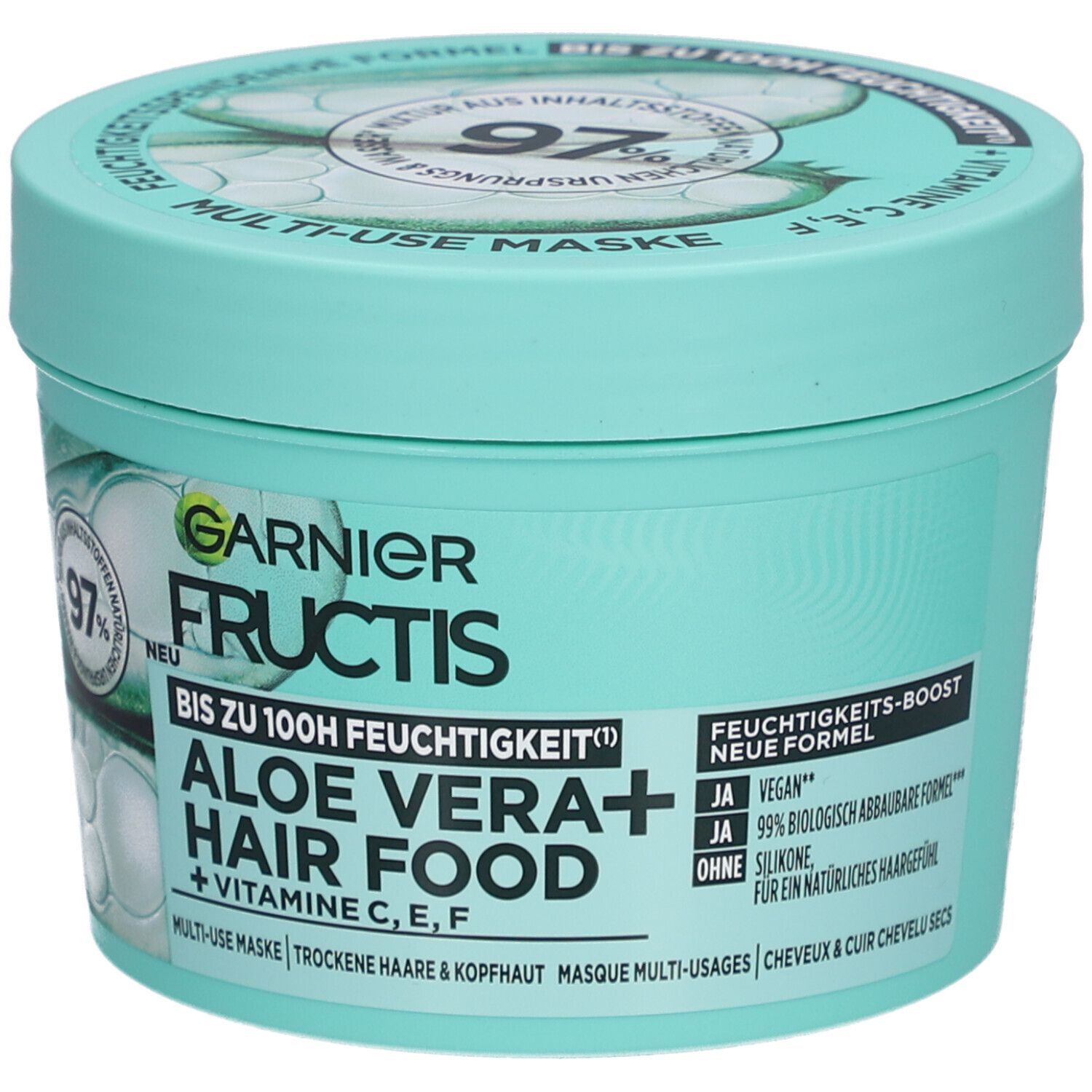 Pot turquoise, vue latérale. Inscription: Garnier Fructis Aloe Vera Hair Food. Nouvelle formule. Vegan. 99% biodégradable. 400ml.