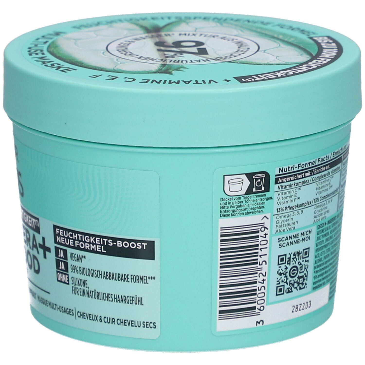 Pot turquoise rond. Inscription: Garnier Fructis Aloe Vera Hair Food. Couvercle avec motif aloe vera. 97% ingrédients d'origine naturelle.