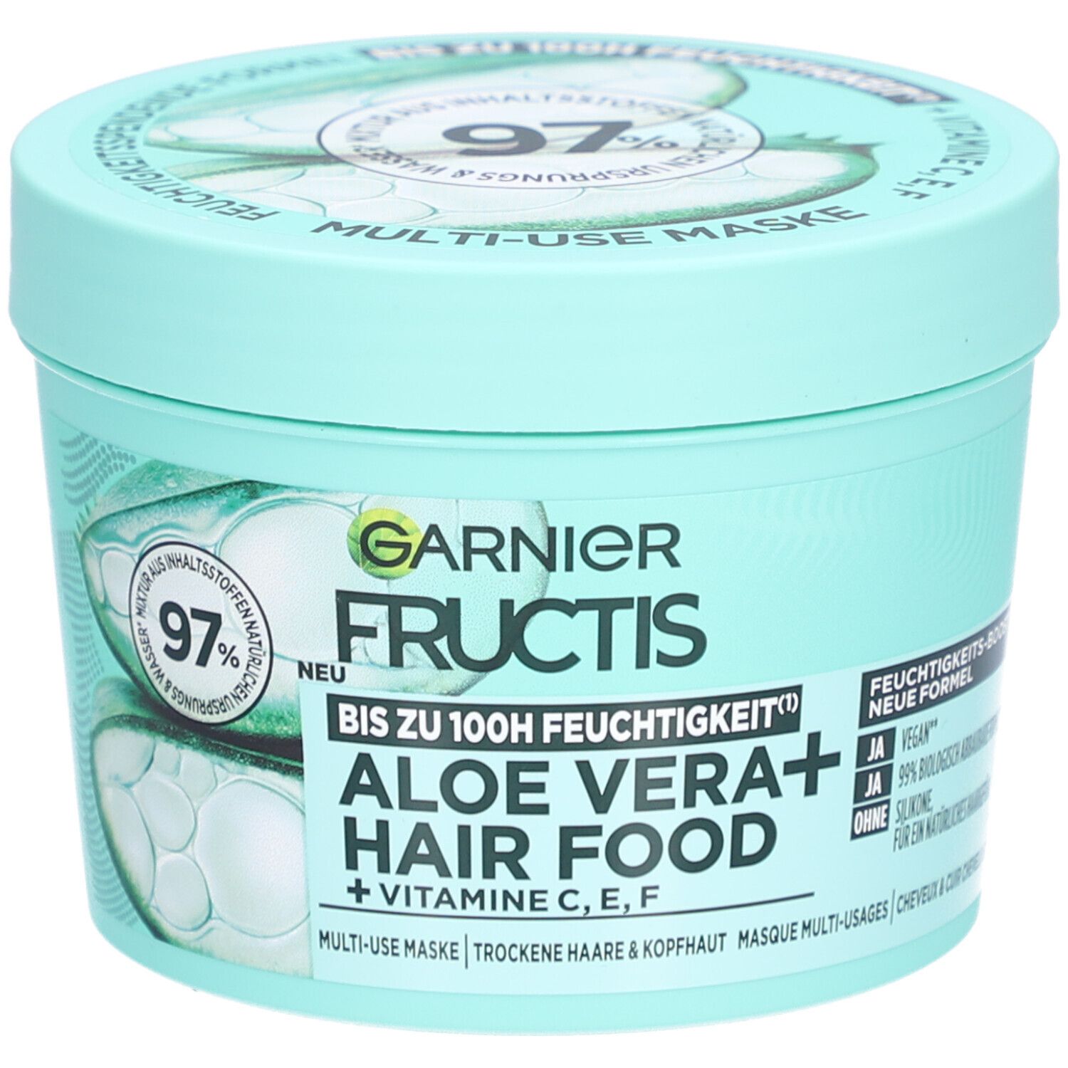Pot turquoise rond. Inscription: Garnier Fructis Aloe Vera Hair Food. Couvercle avec motif aloe vera. 97% ingrédients d'origine naturelle.