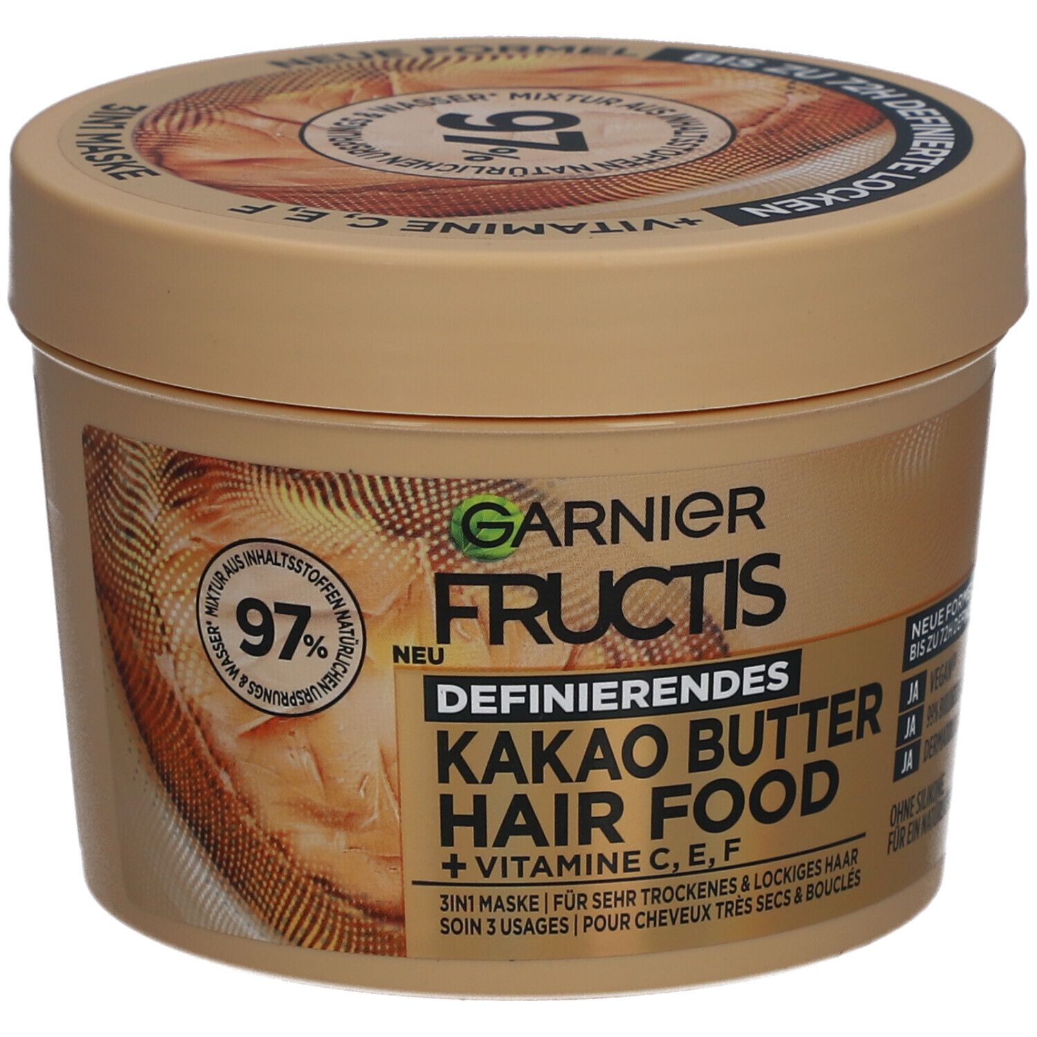 Beige pot Garnier Fructis Hair Food. Opschrift: Cacaoboter, Hair Food, 3-in-1 masker. 97% ingrediënten van natuurlijke oorsprong.