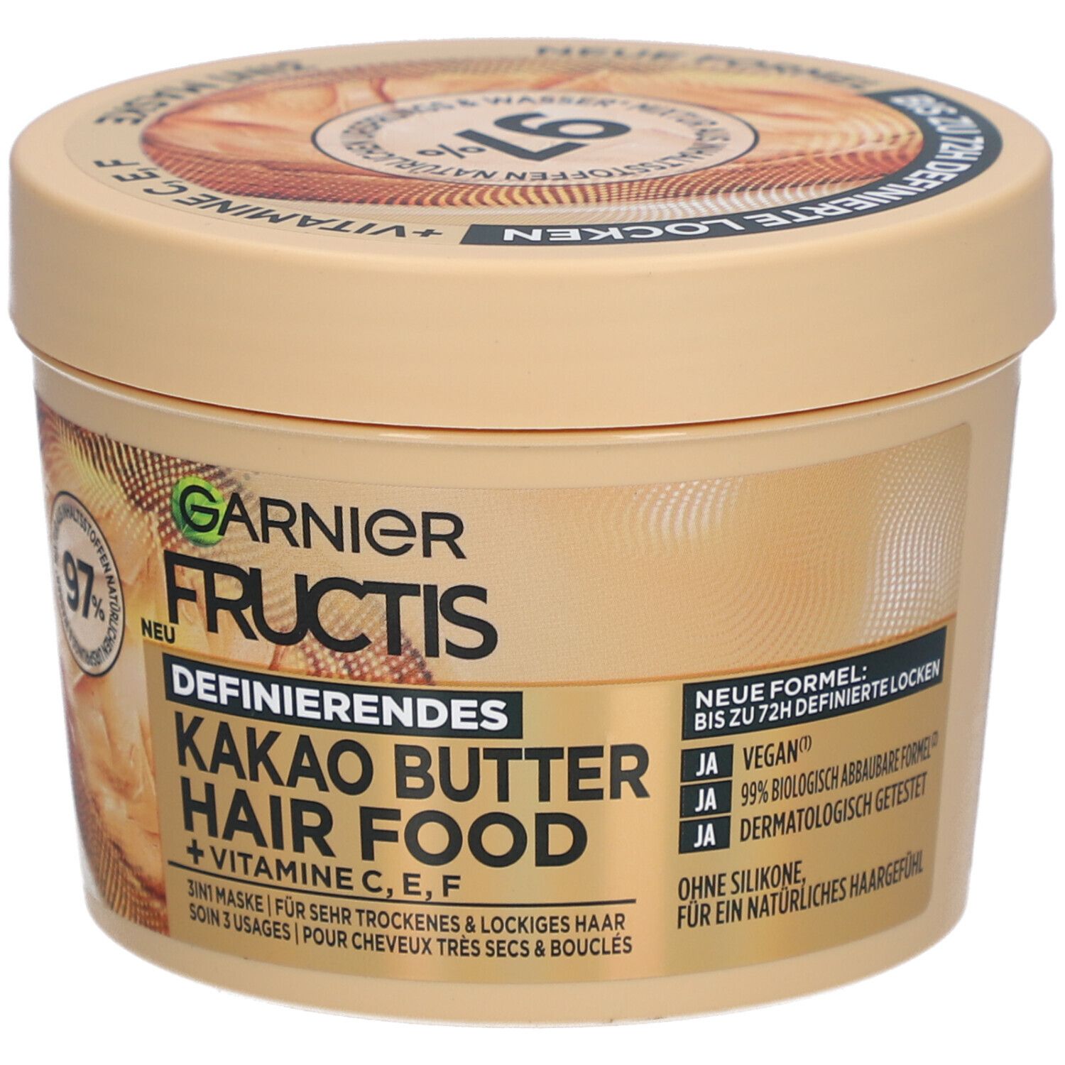 Beige pot Garnier Fructis Hair Food. Opschrift: Cacaoboter, Hair Food, 3-in-1 masker. Vegan. Dermatologisch getest.