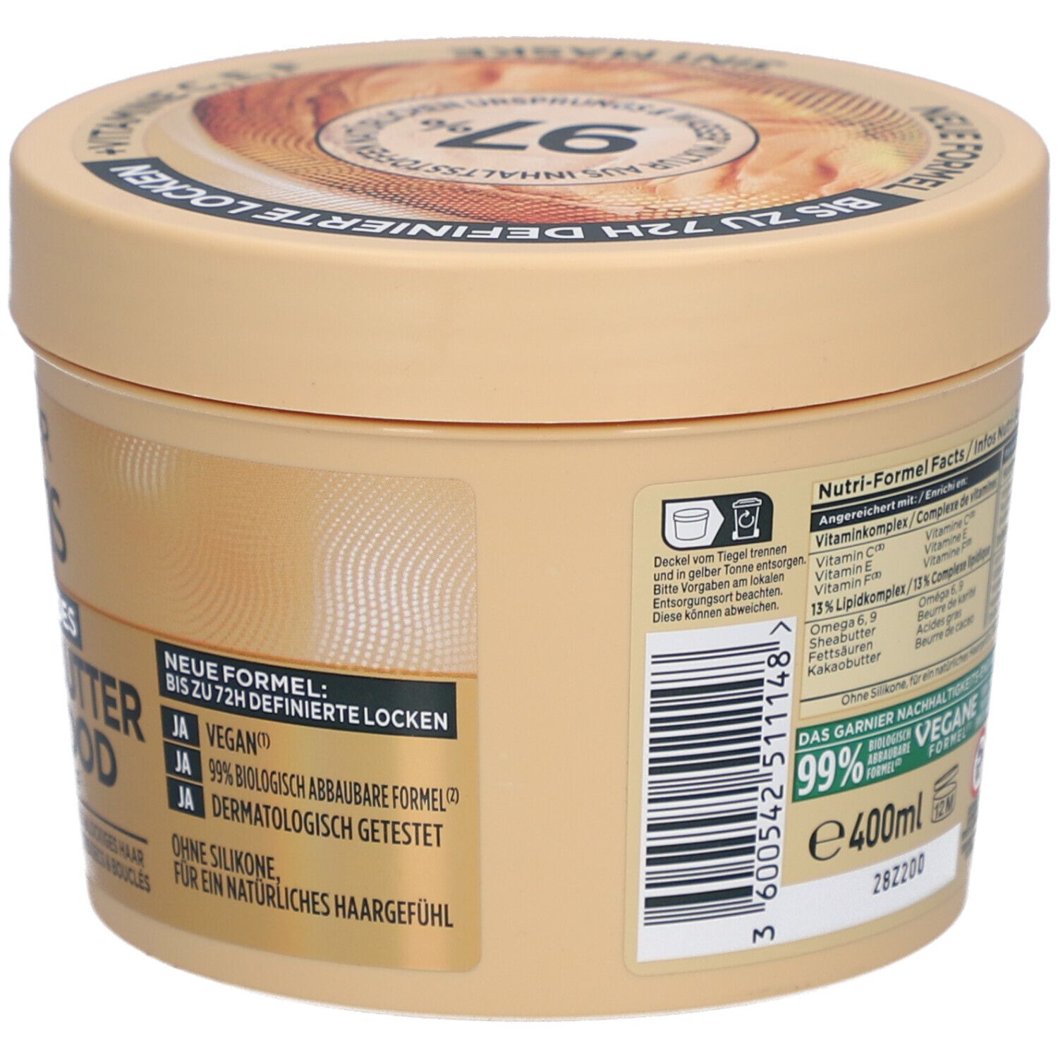 Beige pot Garnier Fructis Hair Food. Opschrift: Cacaoboter, Hair Food, 3-in-1 masker. Vegan. 400ml. 99% natuurlijke ingrediënten.