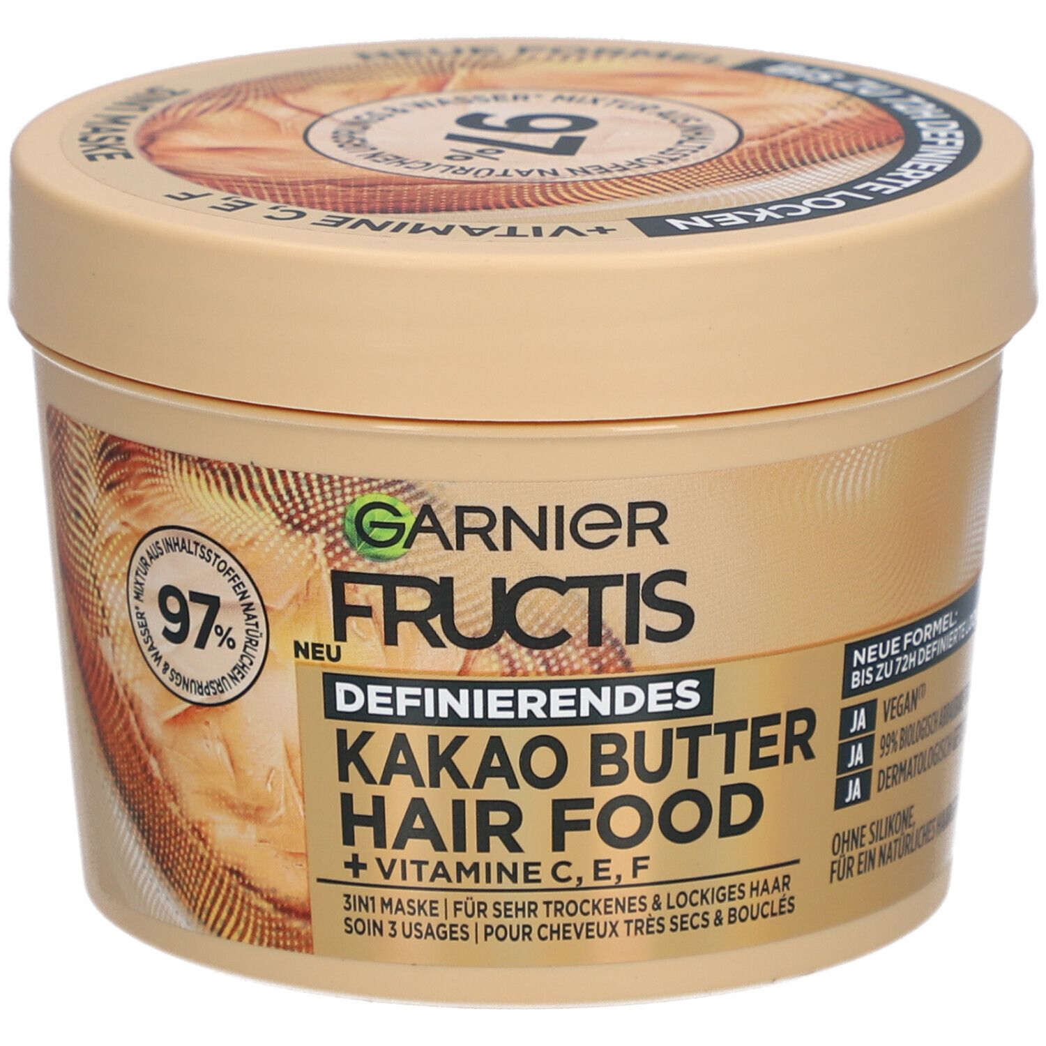 Beige pot Garnier Fructis Hair Food. Opschrift: Cacaoboter, Hair Food, 3-in-1 masker. 97% ingrediënten van natuurlijke oorsprong.