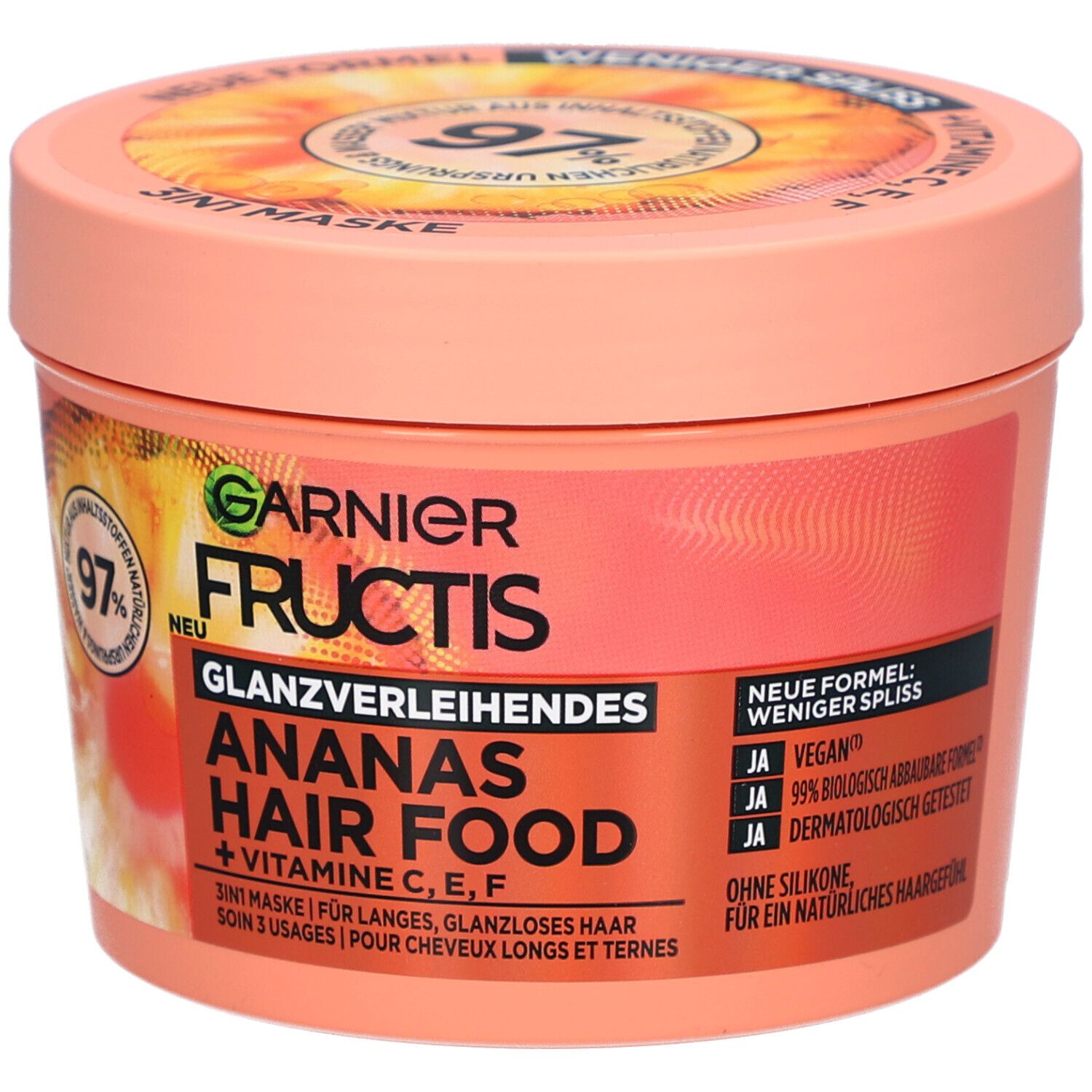 Ronde pot met Garnier Fructis Hair Food Ananas. Opschrift: Glanzverleihendes, 3in1 Maske, + Vitamines C, E, F.