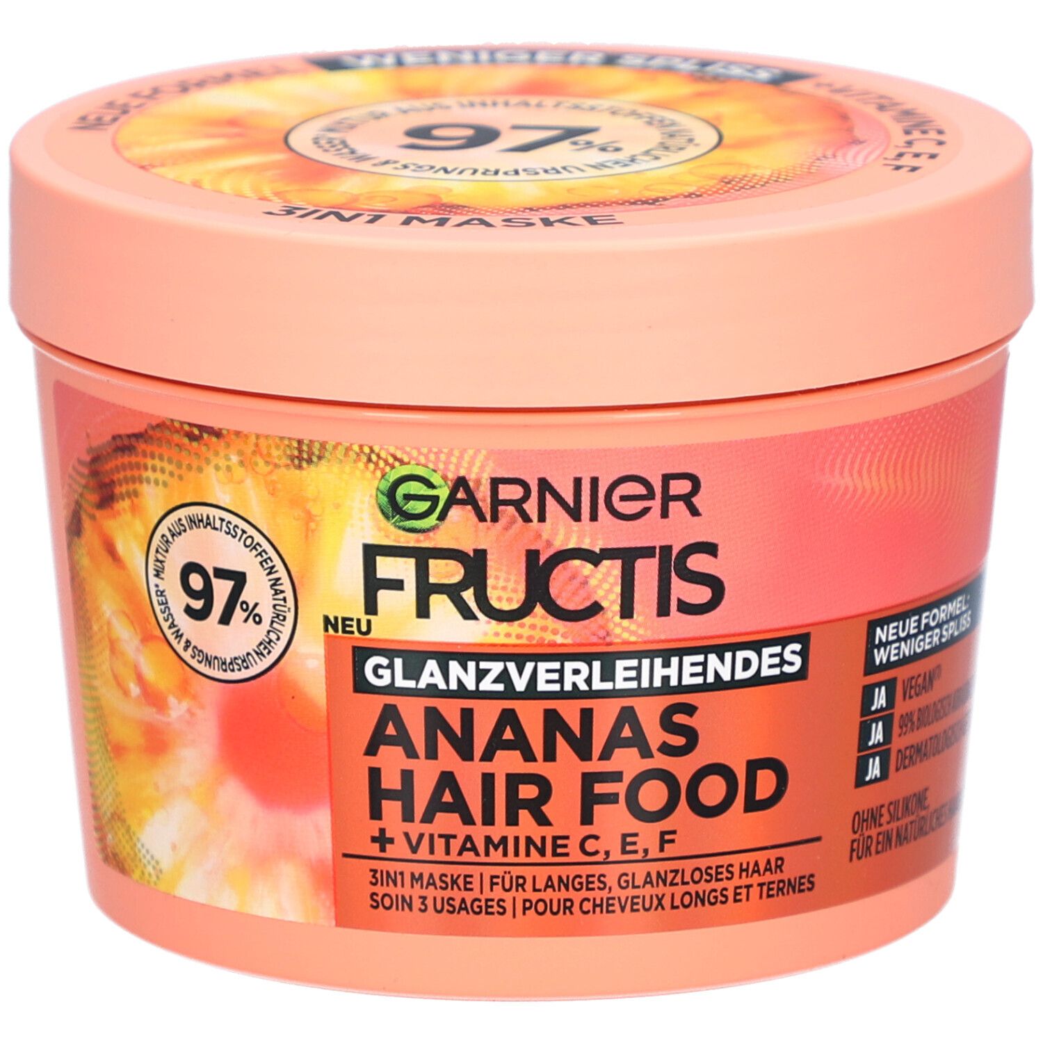 Ronde pot met Garnier Fructis Hair Food Ananas. Opschrift: Glanzverleihendes, 3in1 Maske, + Vitamines C, E, F.