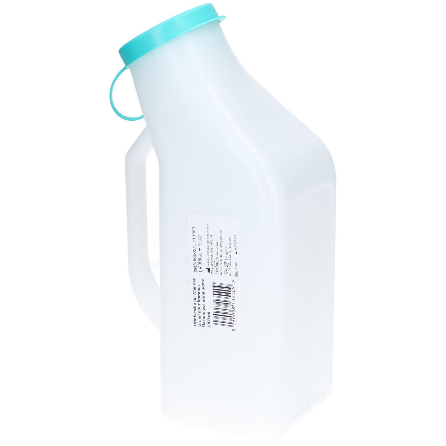 Urinefles met deksel en handvat. Wit kunststof, blauwe dop. Etiket met tekst.