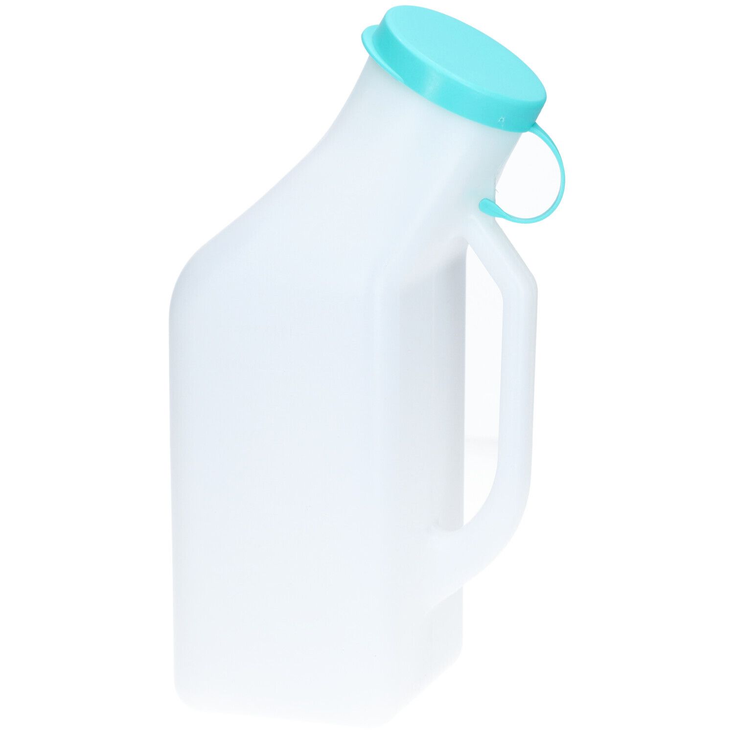 Urinefles met deksel en handvat. Wit kunststof, blauwe dop.