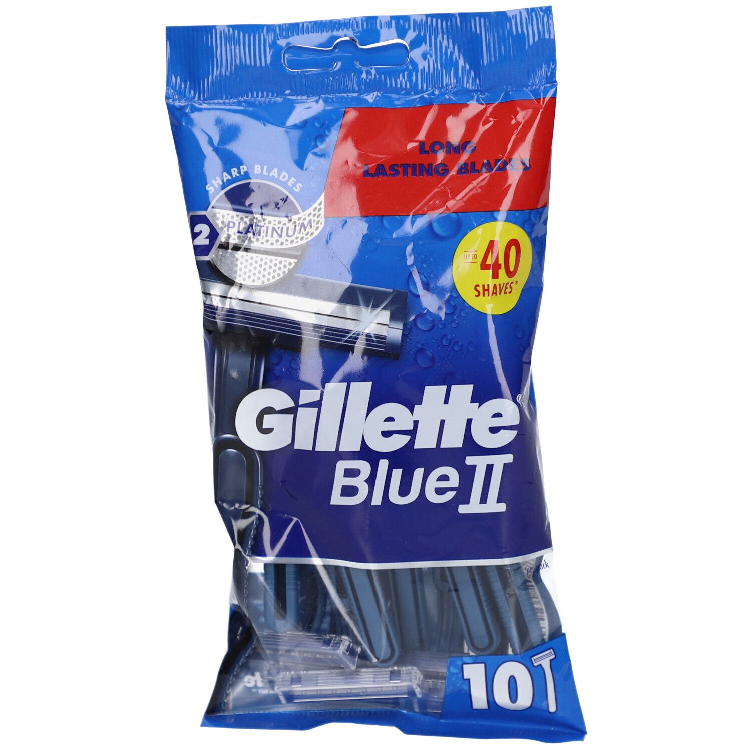 Gillette Blue II wegwerpmesjes in blauwe verpakking. Bevat 10 stuks. Opschrift: 40 scheerbeurten, 2 Platinum.