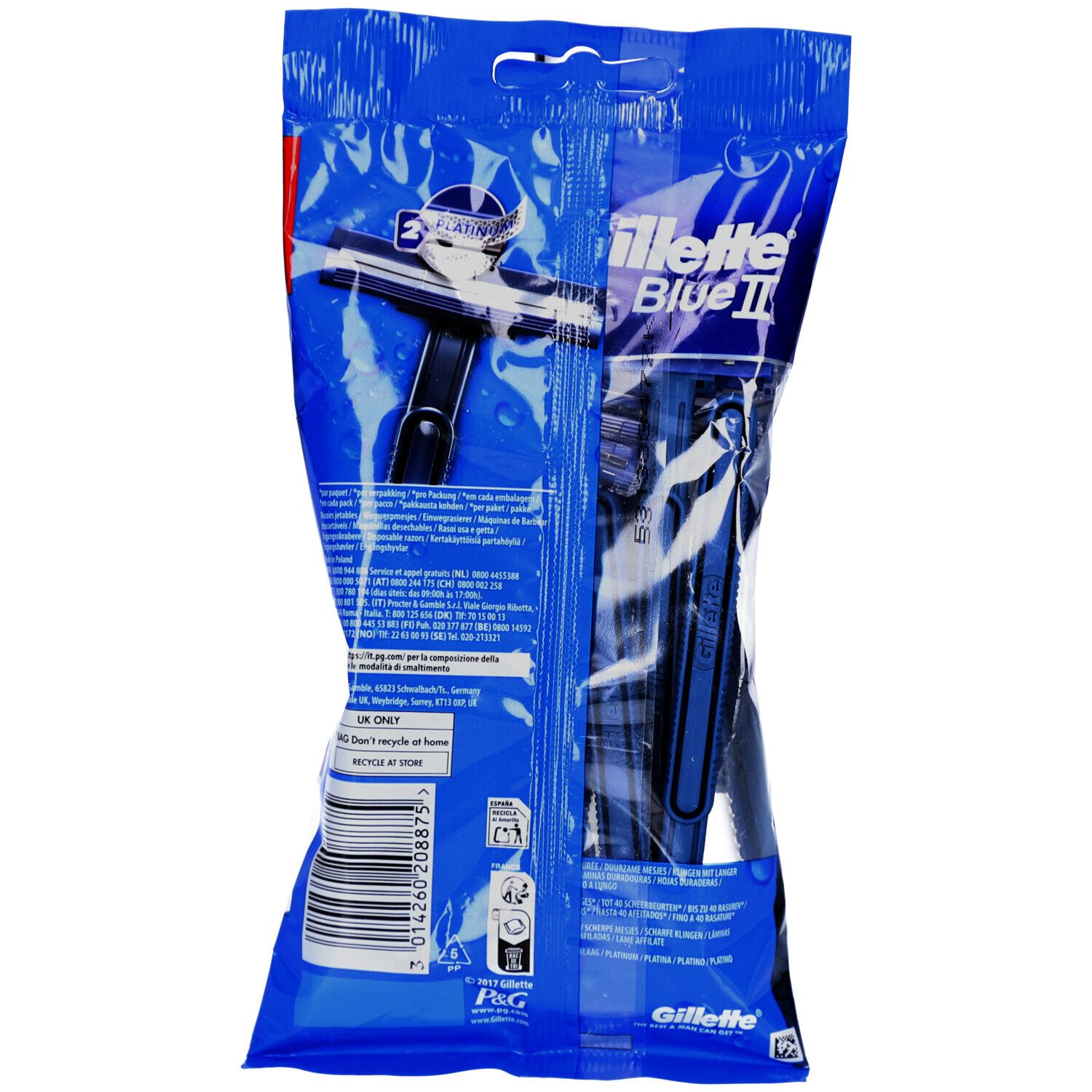 Achterkant van de Gillette Blue II wegwerpmesjes verpakking. Blauwe verpakking met afbeelding en tekst. Bevat 10 stuks.