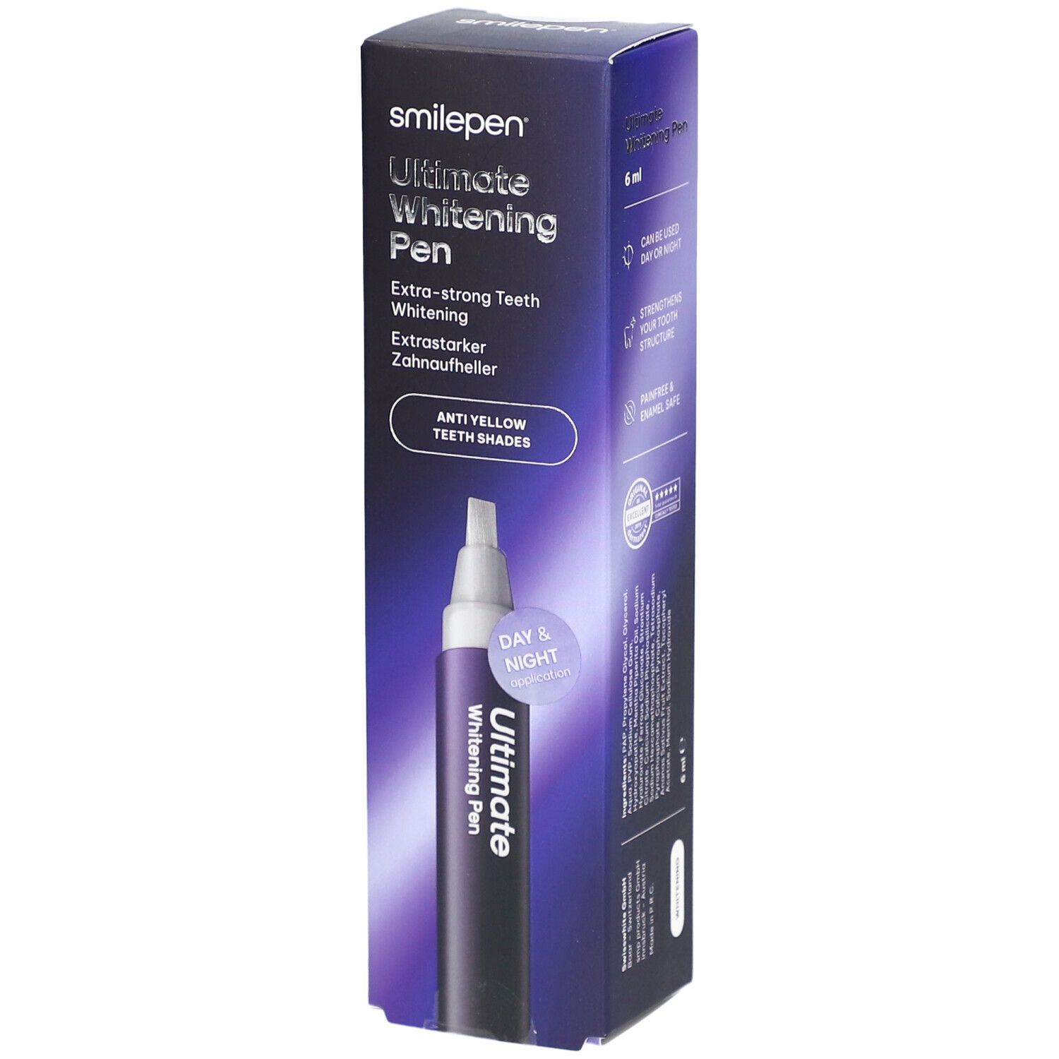Doos SMILEPEN® Ultimate Whitening Pen. Bevat een pen en productinformatie. Opschrift: Extra sterke tandenbleking.