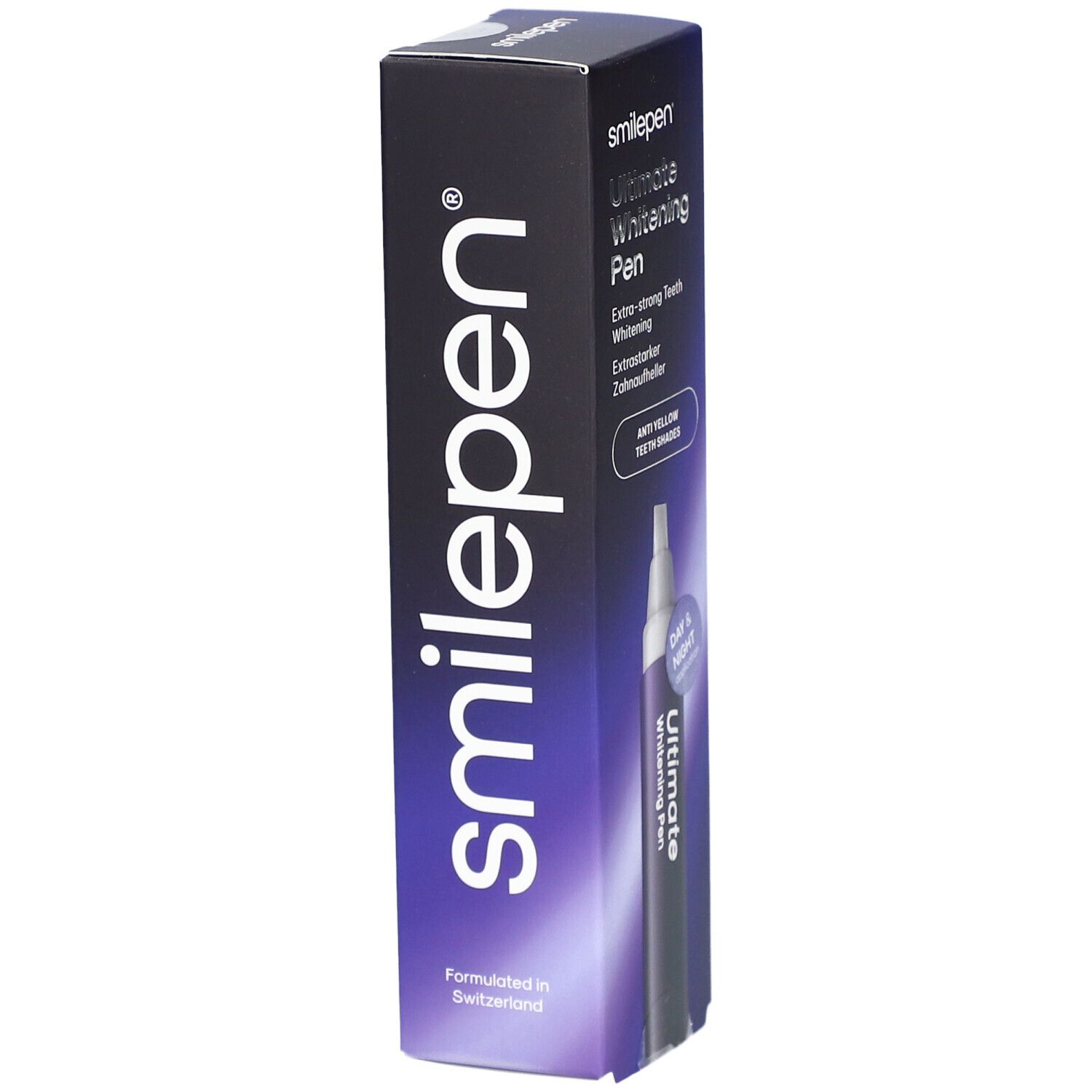 Verpakking SMILEPEN® Ultimate Whitening Pen. Zwarte doos met productnaam en logo. Opschrift: Geformuleerd in Zwitserland.
